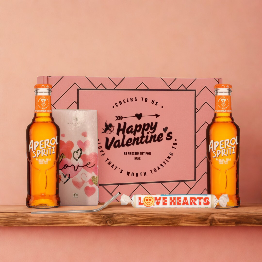 Personalised Happy Valentine’s Aperol Spritz Gift Set with Chocolate, Love Hearts &amp; Metal Straw (2 x 200ml)