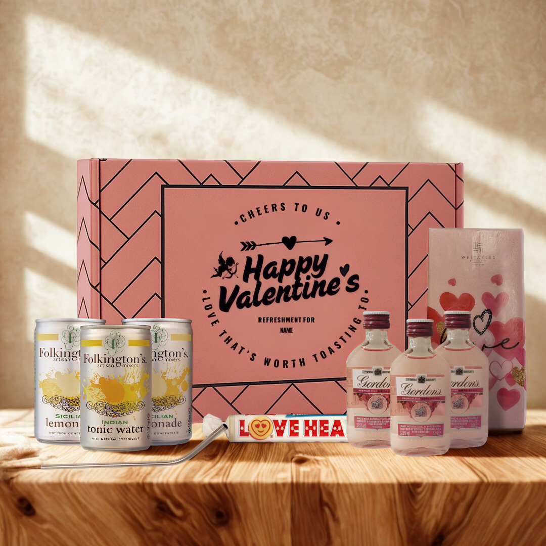 Personalised Happy Valentine’s Gordon’s Pink Gin Miniatures Gift Set with Chocolate, Love Hearts &amp; Metal Straw (3 x 5cl)