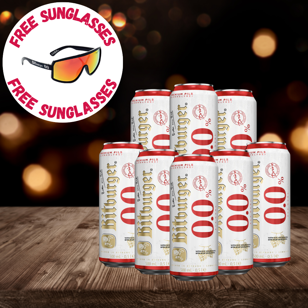 Bitburger Drive Alcohol Free German Pilsner 500ml Cans WITH FREE SUNGLASSES - 0.0% ABV (Multipack)