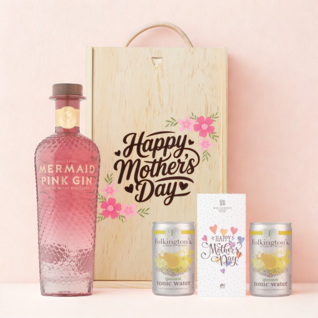 Mother’s Day Pink Gin Gift Set – Mermaid Pink Gin 70cl with Tonics &amp; Chocolate – Luxury Mother’s Day Gift for Mum