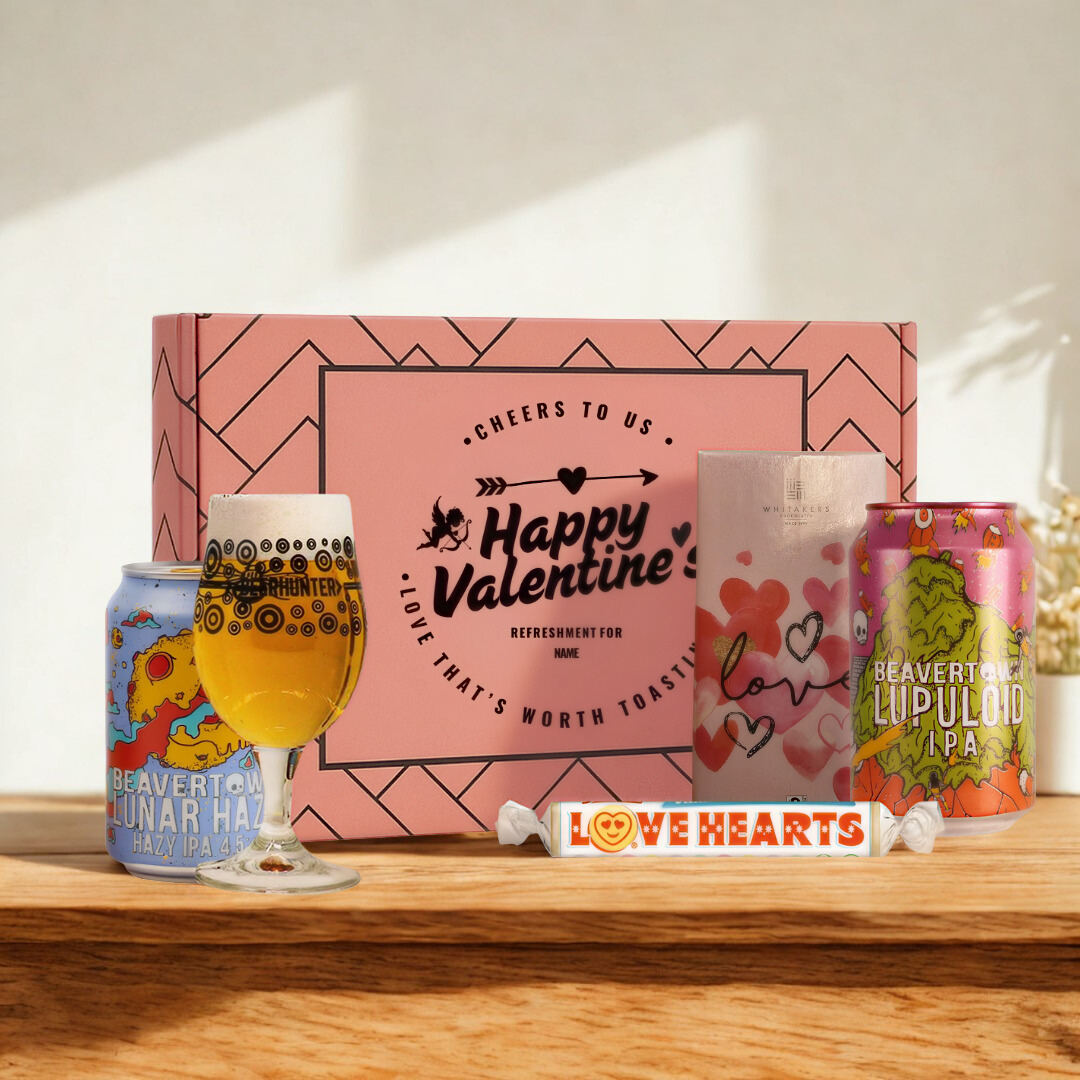Personalised Happy Valentine’s Beavertown Gift Set with Glass, Chocolate &amp; Love Hearts (2 x 330ml)