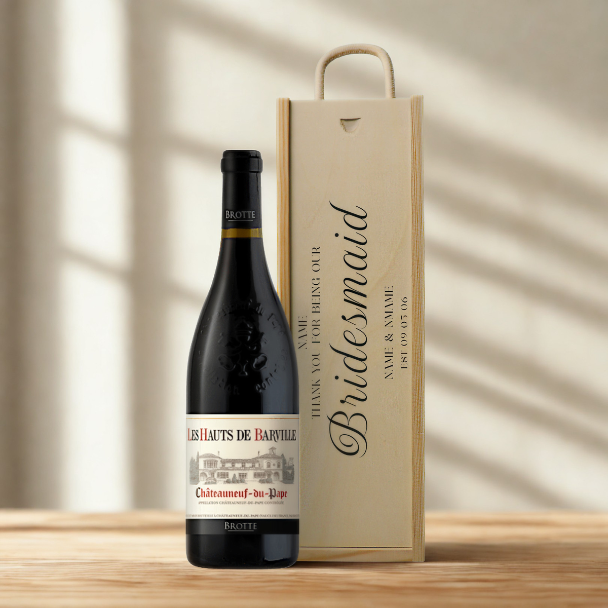 Personalised Bridesmaid Wine Gift Set with Wooden Presentation Box