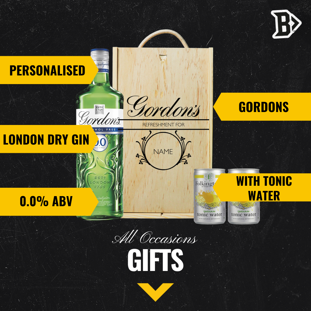 Personalised Gordon’s Original 0.0 Alcohol-Free Gin & Tonic Gift Set In Wooden Box – 0.0% ABV (70cl)