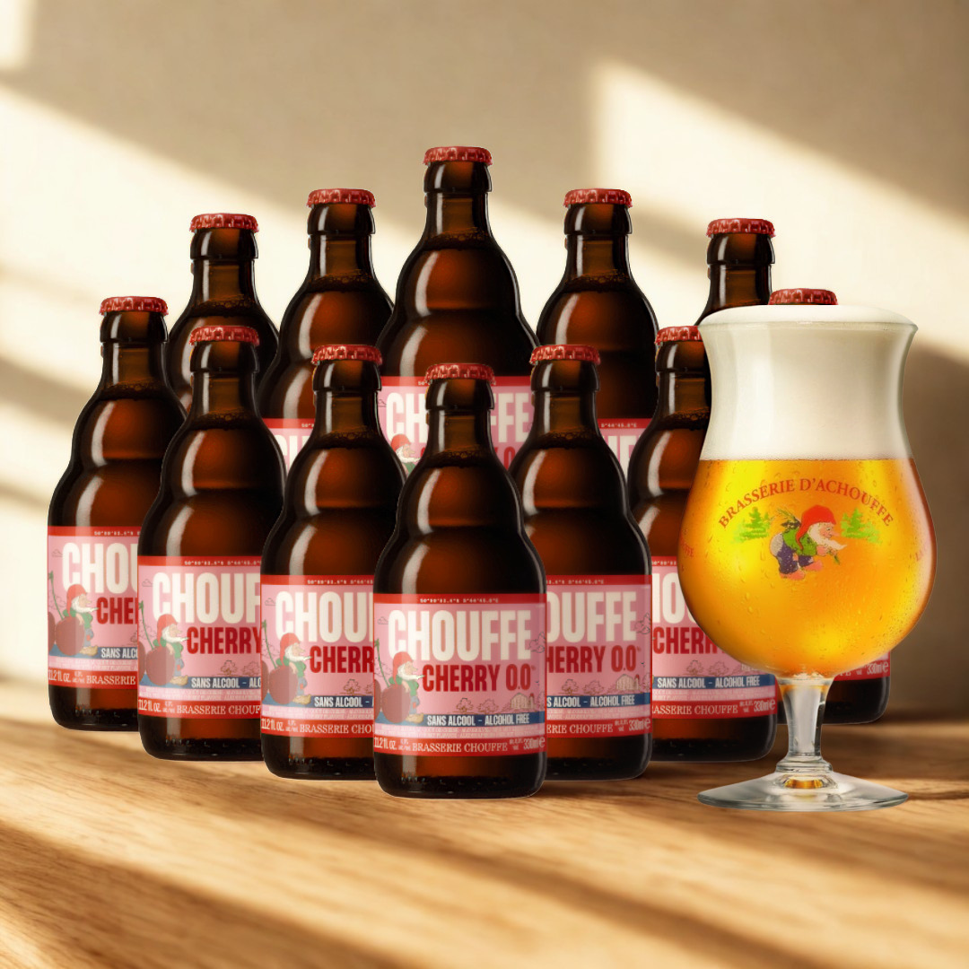 Chouffe Cherry Alcohol Free Belgian Fruit Beer 330ml Bottles - 0.0% ABV (Multipack) with FREE Chouffe Glass