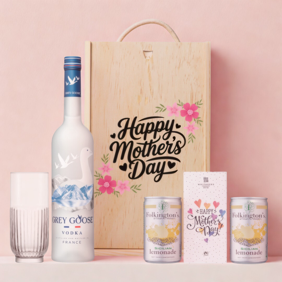Mother’s Day Vodka Gift Set – Grey Goose 70cl with Lemonade, Chocolate &amp; Glass – Luxury Mother’s Day Gift for Mum