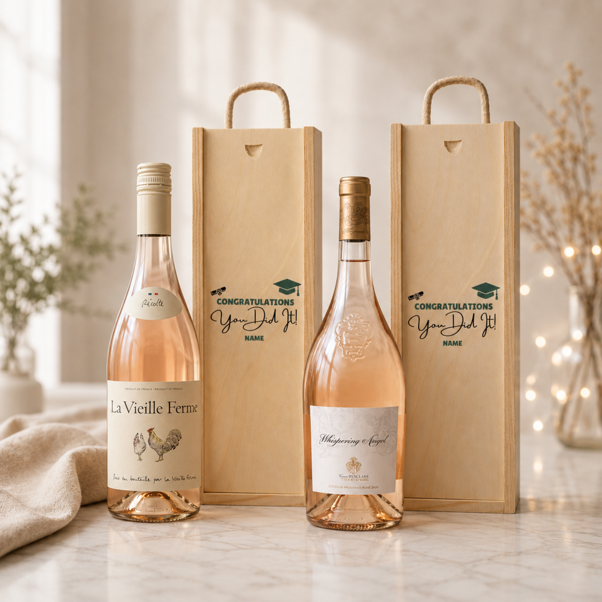Personalised Graduation Rosé Wine Gift Set with Personalised Lid (Choose Whispering Angel or La Vieille Ferme)