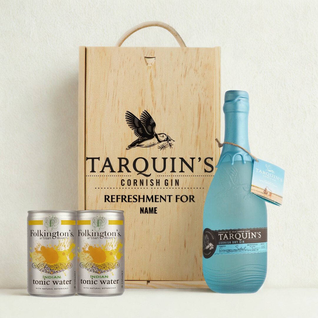 Personalised Tarquin's Cornish Gin with Folkington's tonics in Wooden Box Gift Set 70cl - (42% ABV)