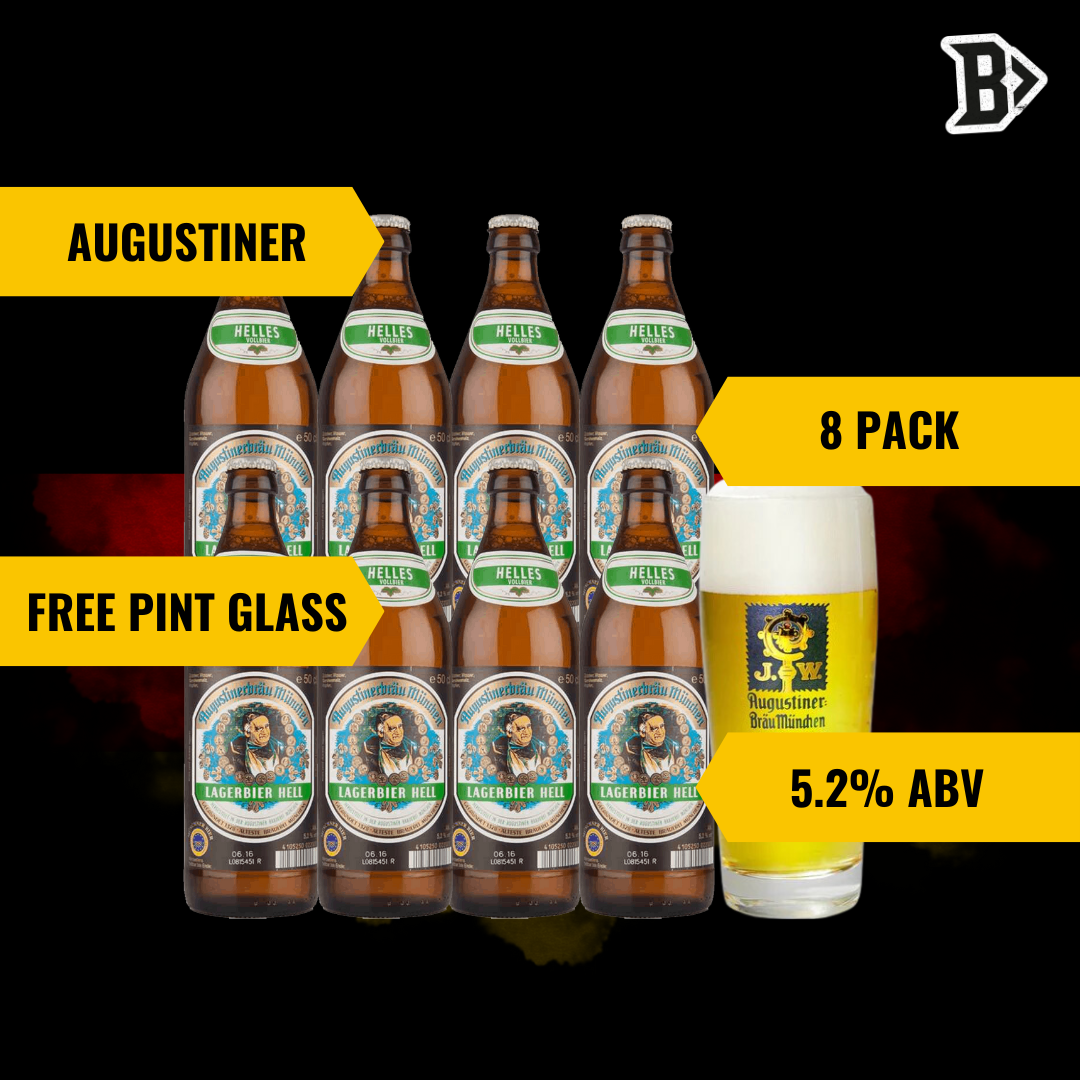 Augustiner Helles 500ml Bottles with Augustiner Pint Glass (8 Pack) - 5.2% ABV