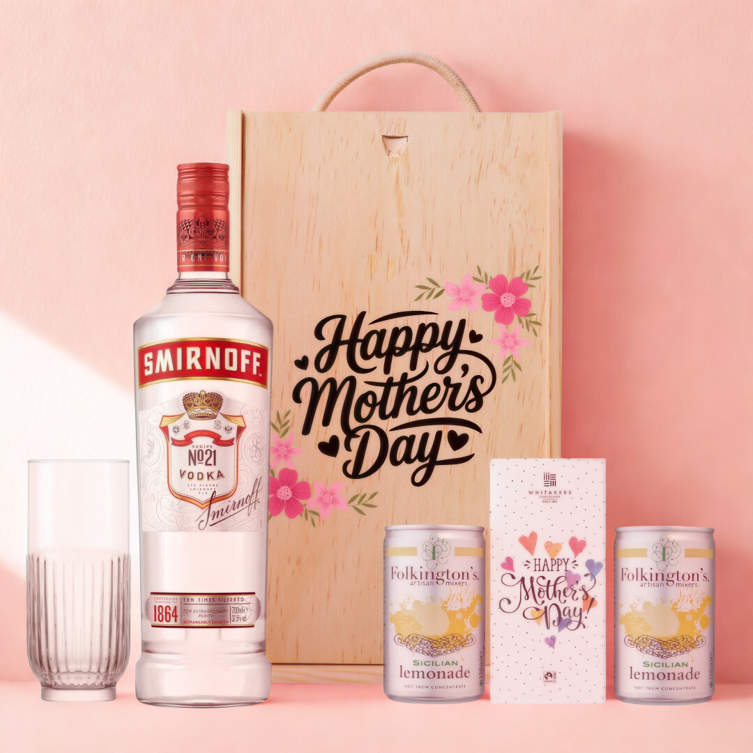 Mother’s Day Vodka Gift Set – Smirnoff 70cl with Lemonade, Glass &amp; Chocolate – Luxury Mother’s Day Gift for Mum