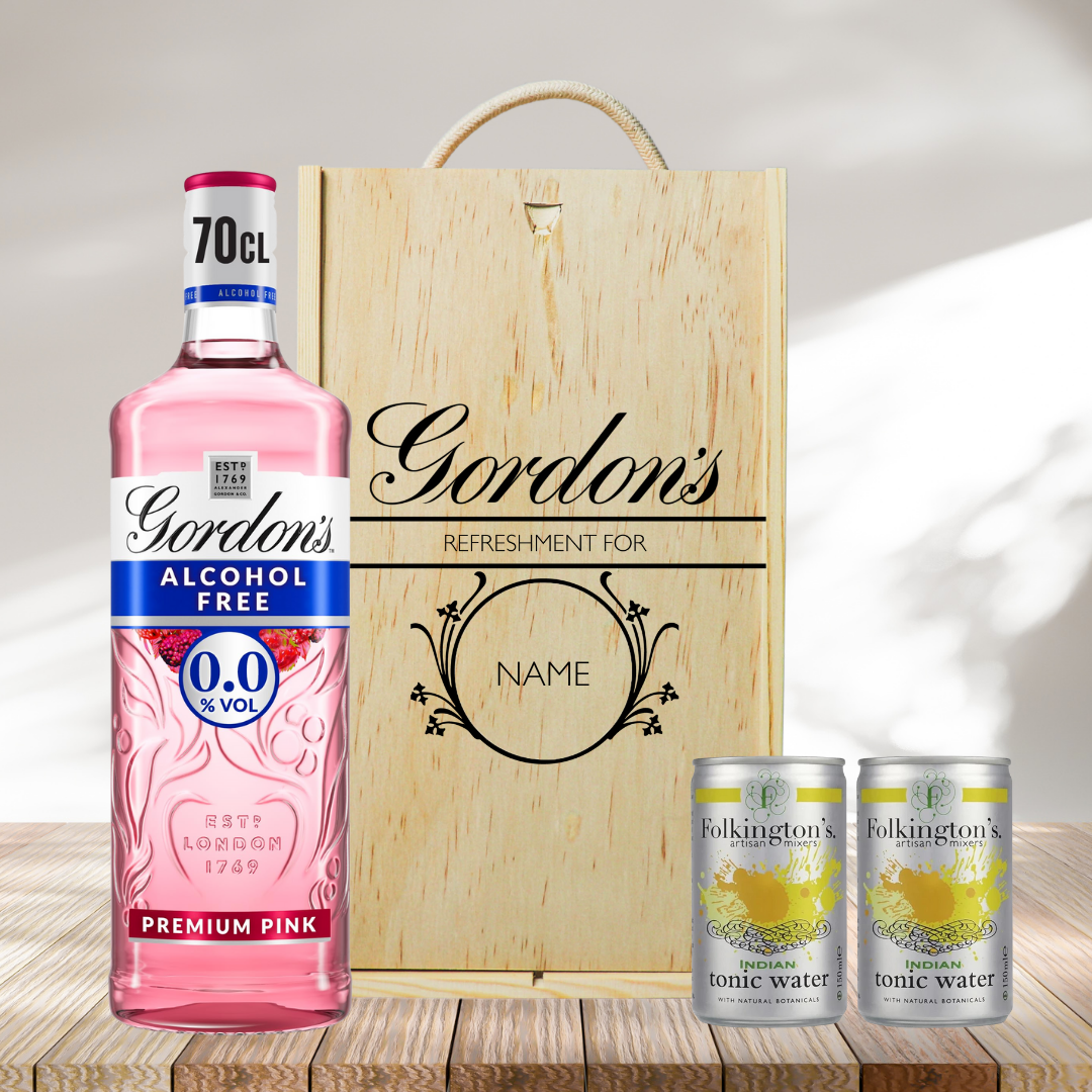 Personalised Gordon’s Pink 0.0 Alcohol-Free Gin & Tonic Gift Set In Wooden Box – 0.0% ABV (70cl)