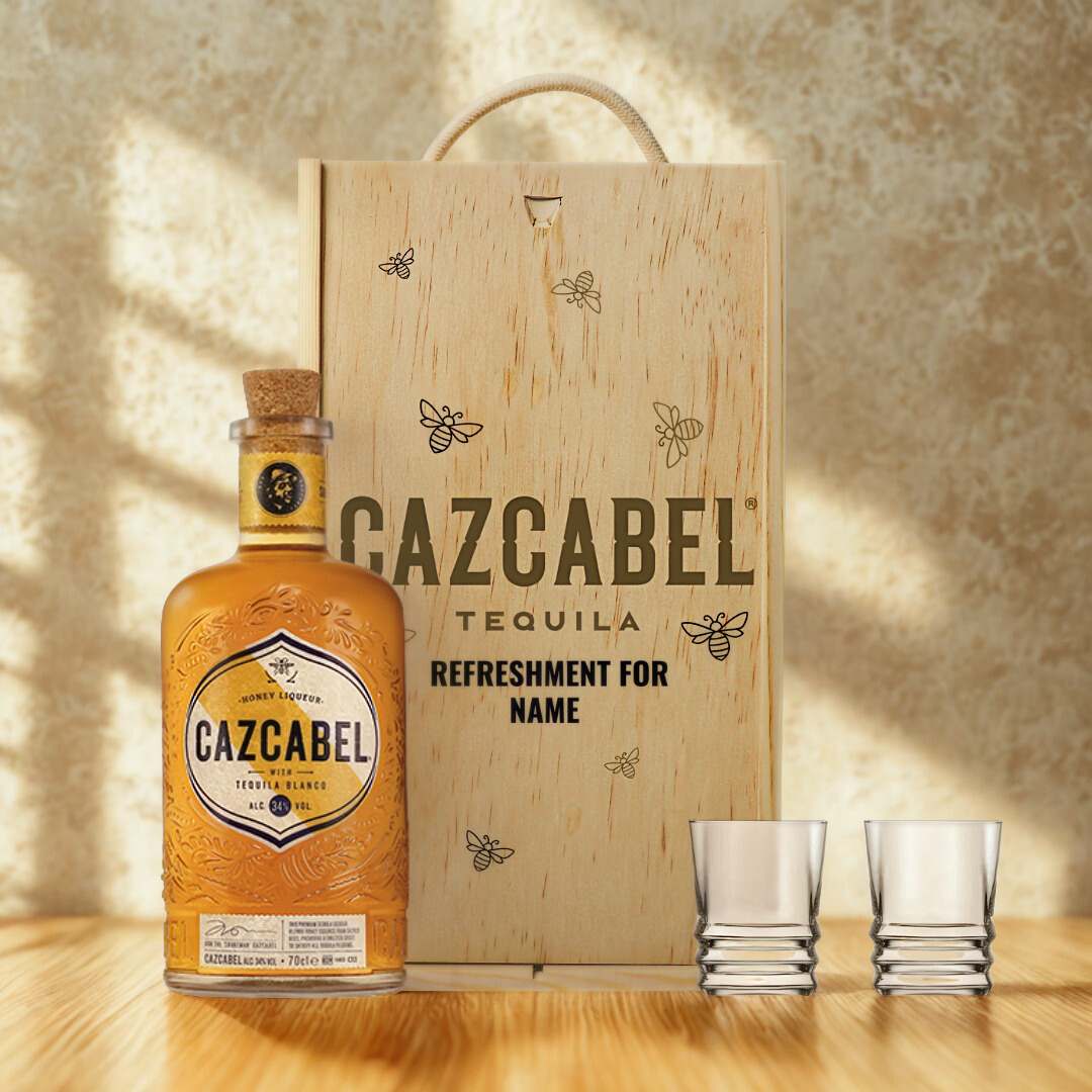 Personalised Cazcabel Honey Tequila with Shot Glasses Gift Set - 70cl (34% ABV)