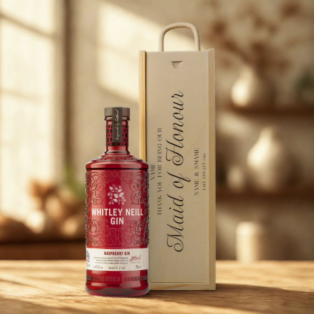 Personalised Maid of Honour Gin Gift Set with Wooden Presentation Box