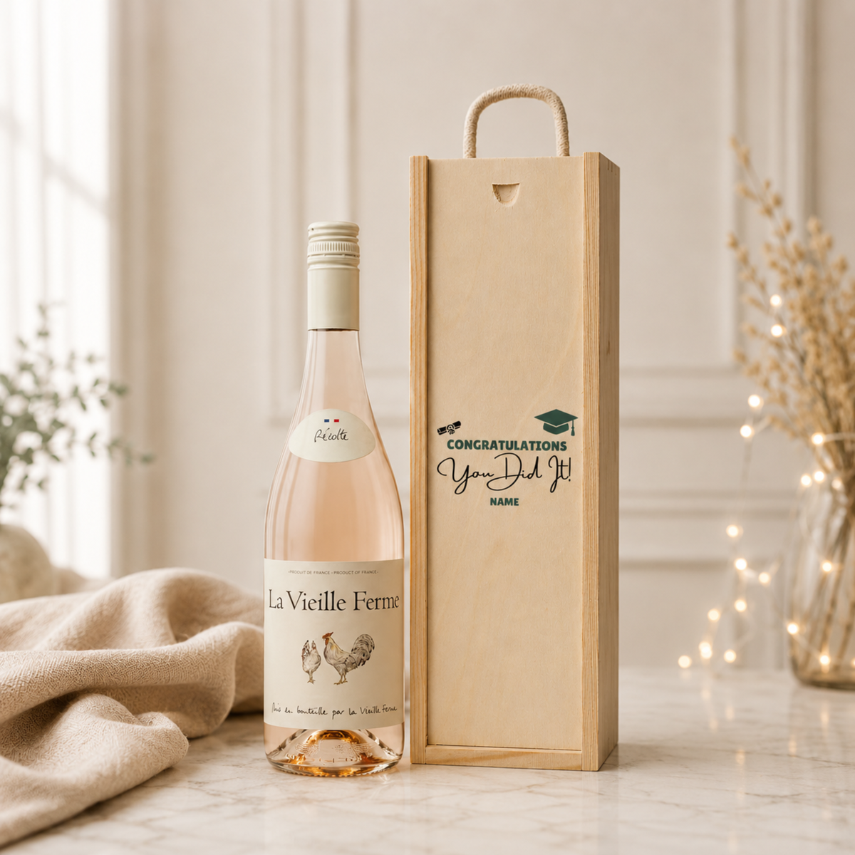 Personalised Graduation Rosé Wine Gift Set with Personalised Lid (Choose Whispering Angel or La Vieille Ferme)