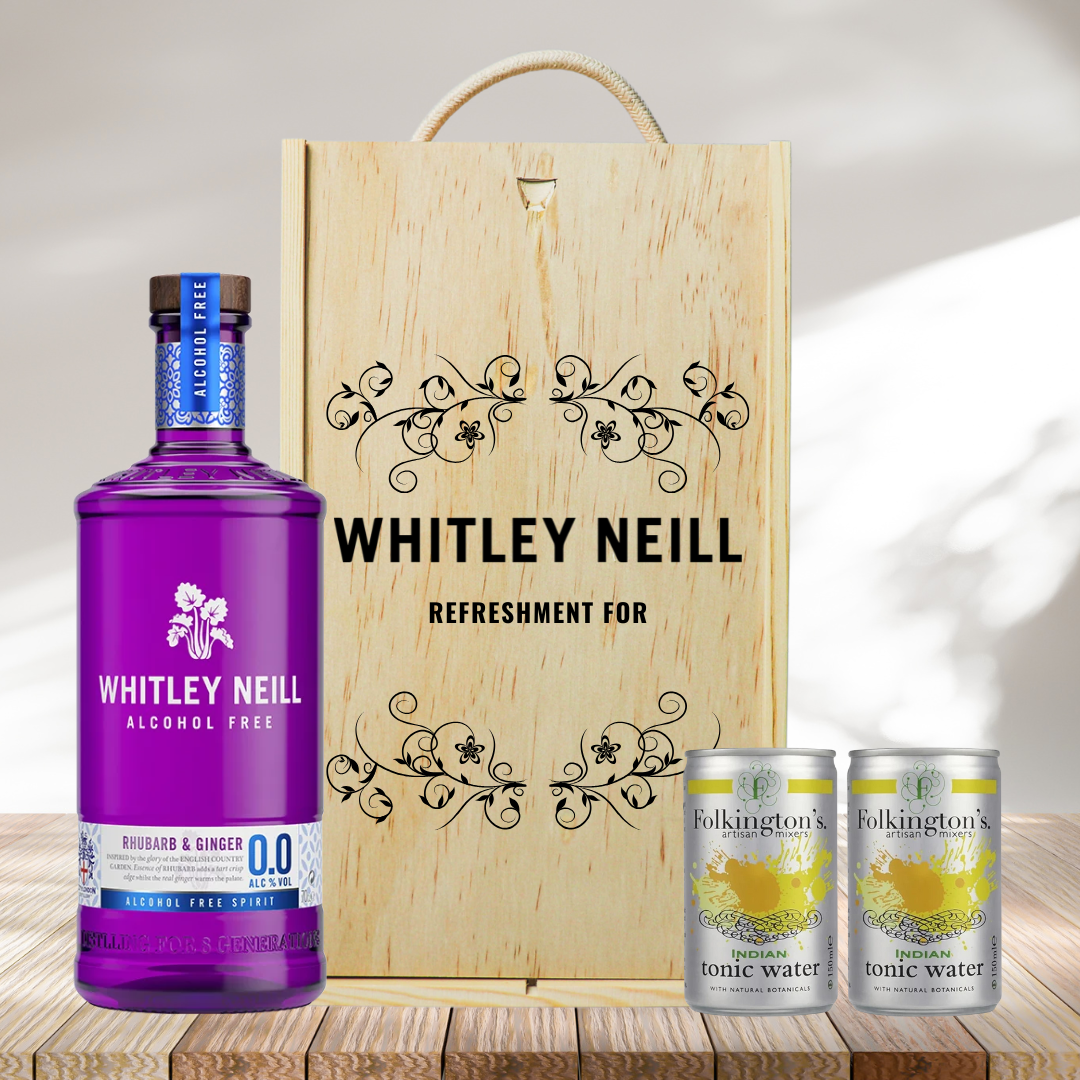 Personalised Whitley Neill Rhubarb & Ginger 0.0 Alcohol-Free Gin & Tonic Gift Set In Wooden Box – 0.0% ABV (70cl)