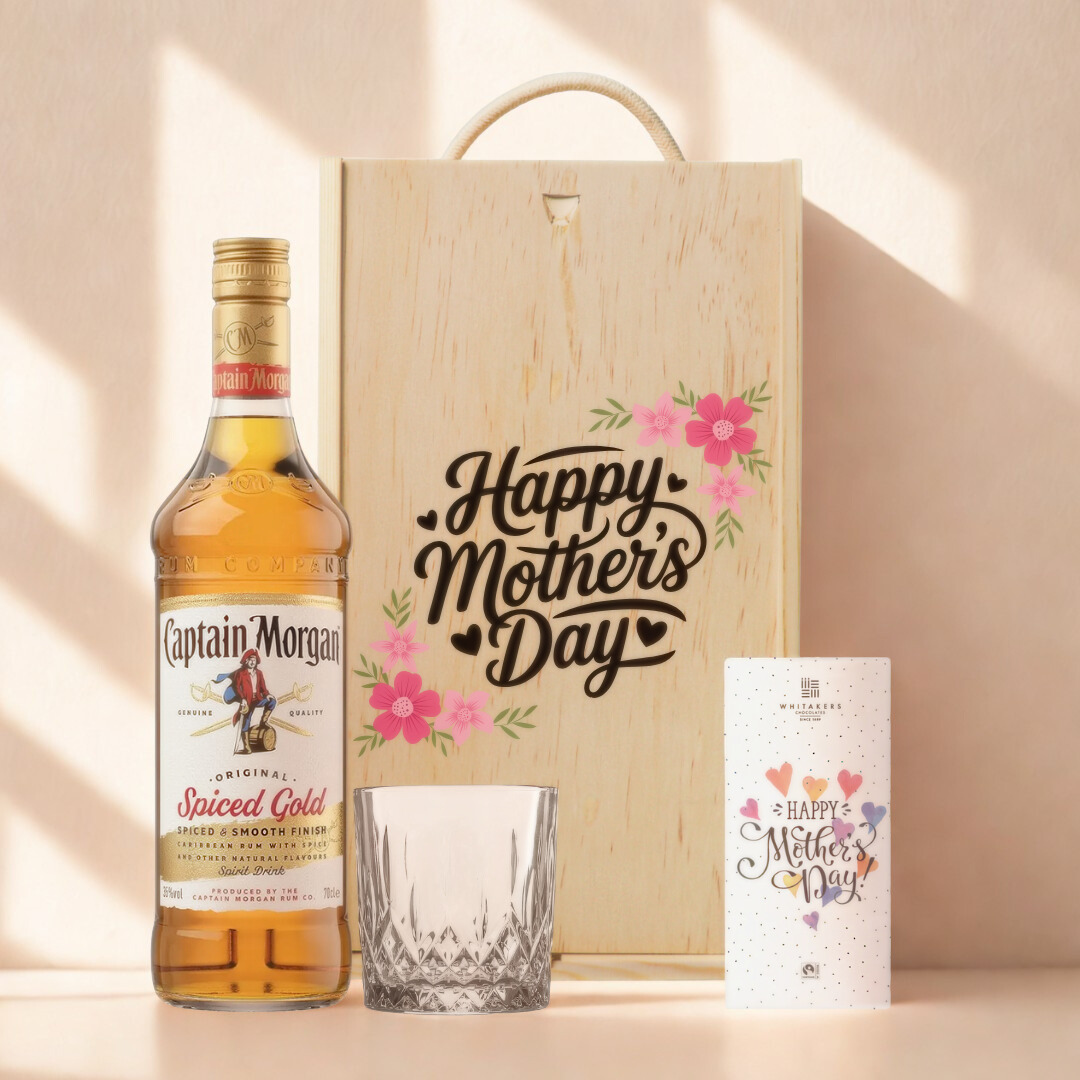 Mother’s Day Captain Morgan Spiced Rum Gift Set (70cl) with Glass &amp; Chocolate – Luxury Mother’s Day Gift for Mum UK