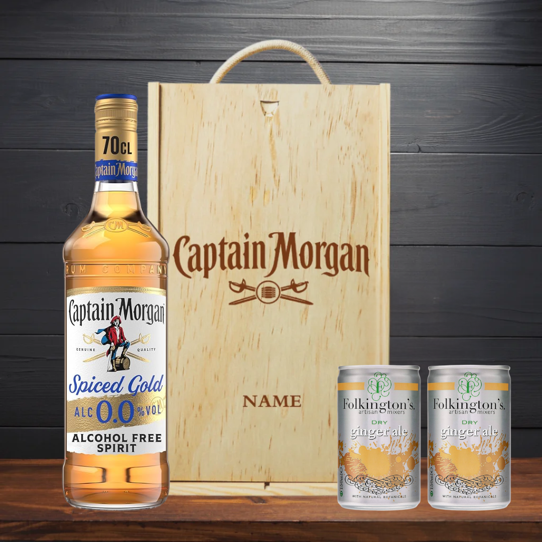 Personalised Captain Morgan 0.0 Alcohol-Free Spiced Rum & Ginger Ale Gift Set In Wooden Box – 0.0% ABV (70cl)
