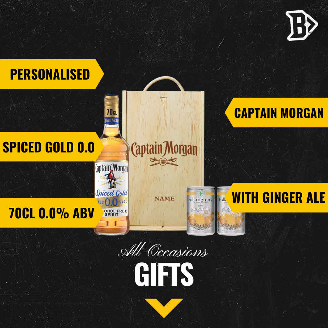 Personalised Captain Morgan 0.0 Alcohol-Free Spiced Rum & Ginger Ale Gift Set In Wooden Box – 0.0% ABV (70cl)