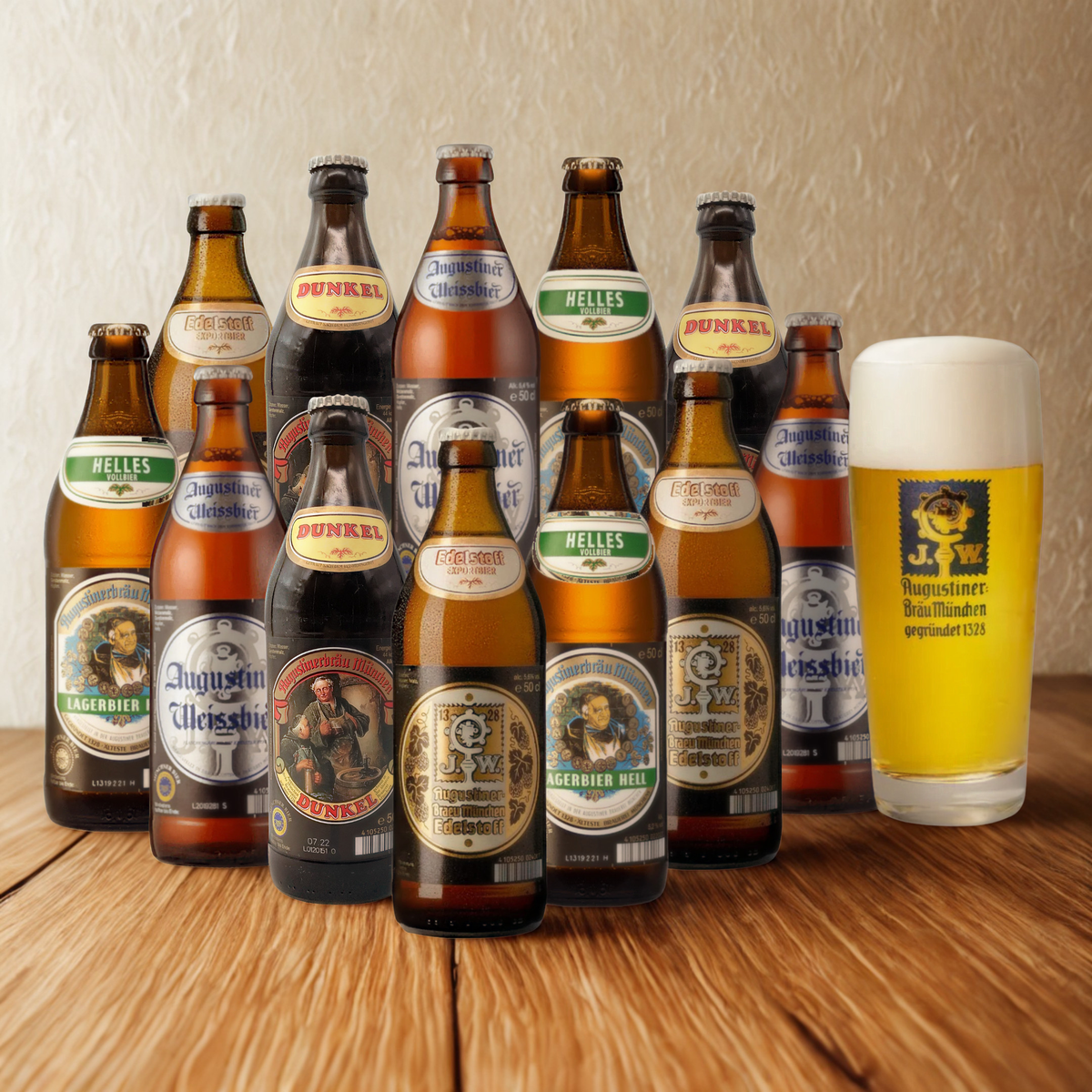 Augustiner German Lager Mixed Case (Helles, Dunkel, Weissbier &amp; Edelstoff) With Free Augustiner Pint Glass - (12 Pack)