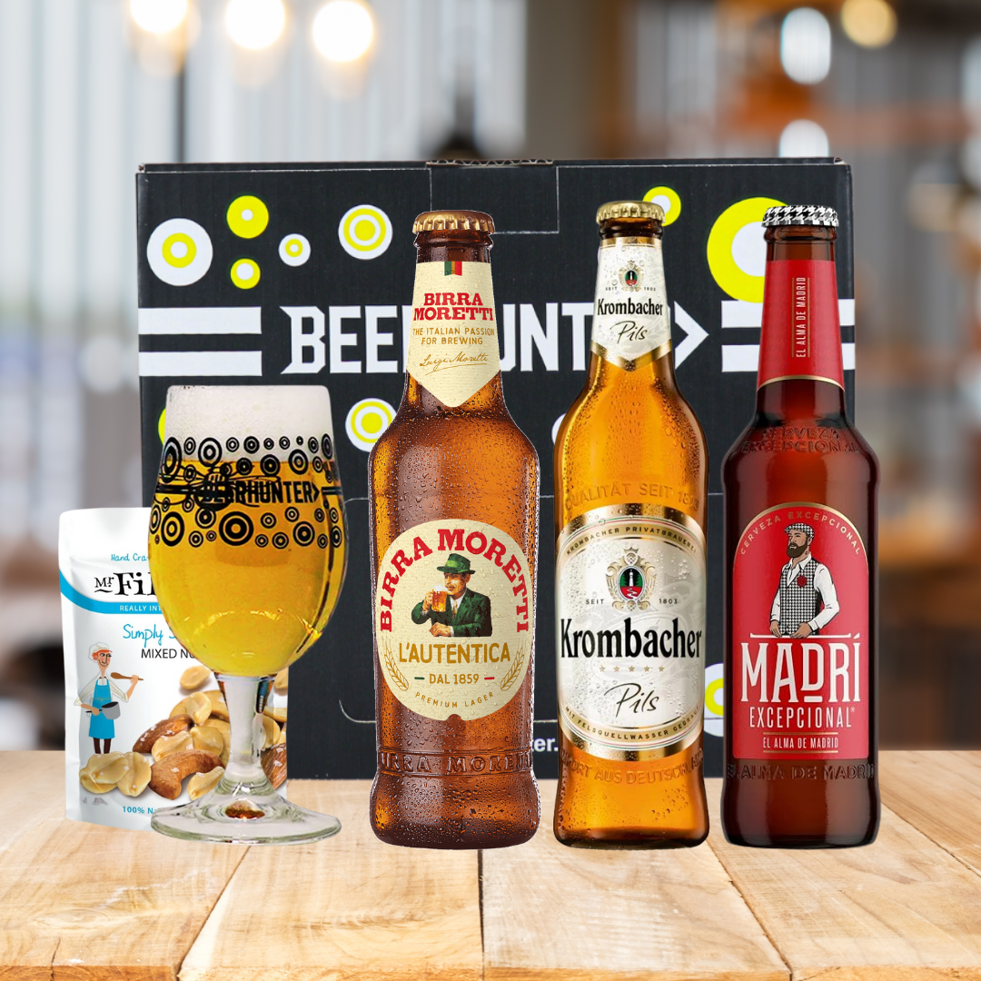 Premium European Lager Gift Pack with Official Beerhunter Glass (Madri, Krombacher, Birra Moretti)