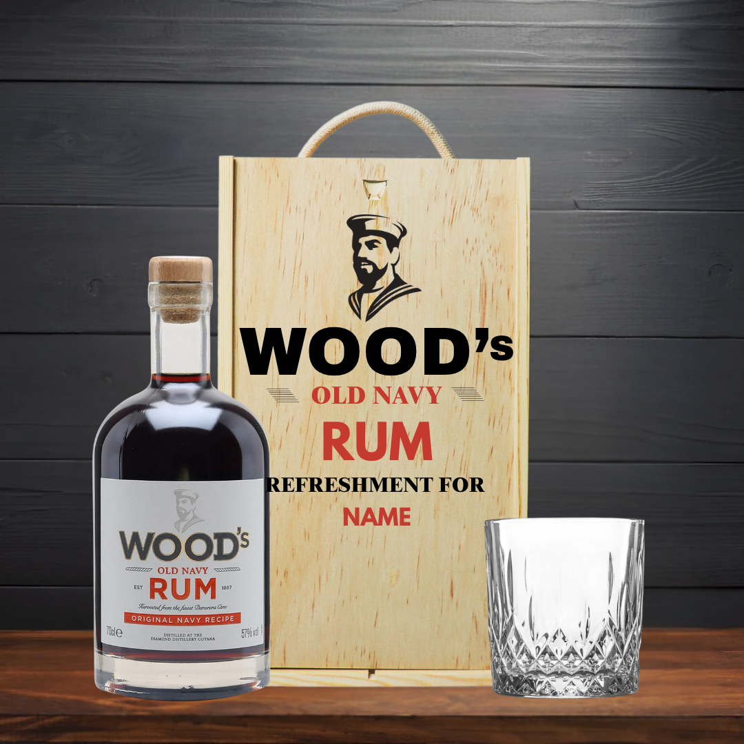 Personalised Woods Old Navy Rum with Glass in Wooden Box Gift Set