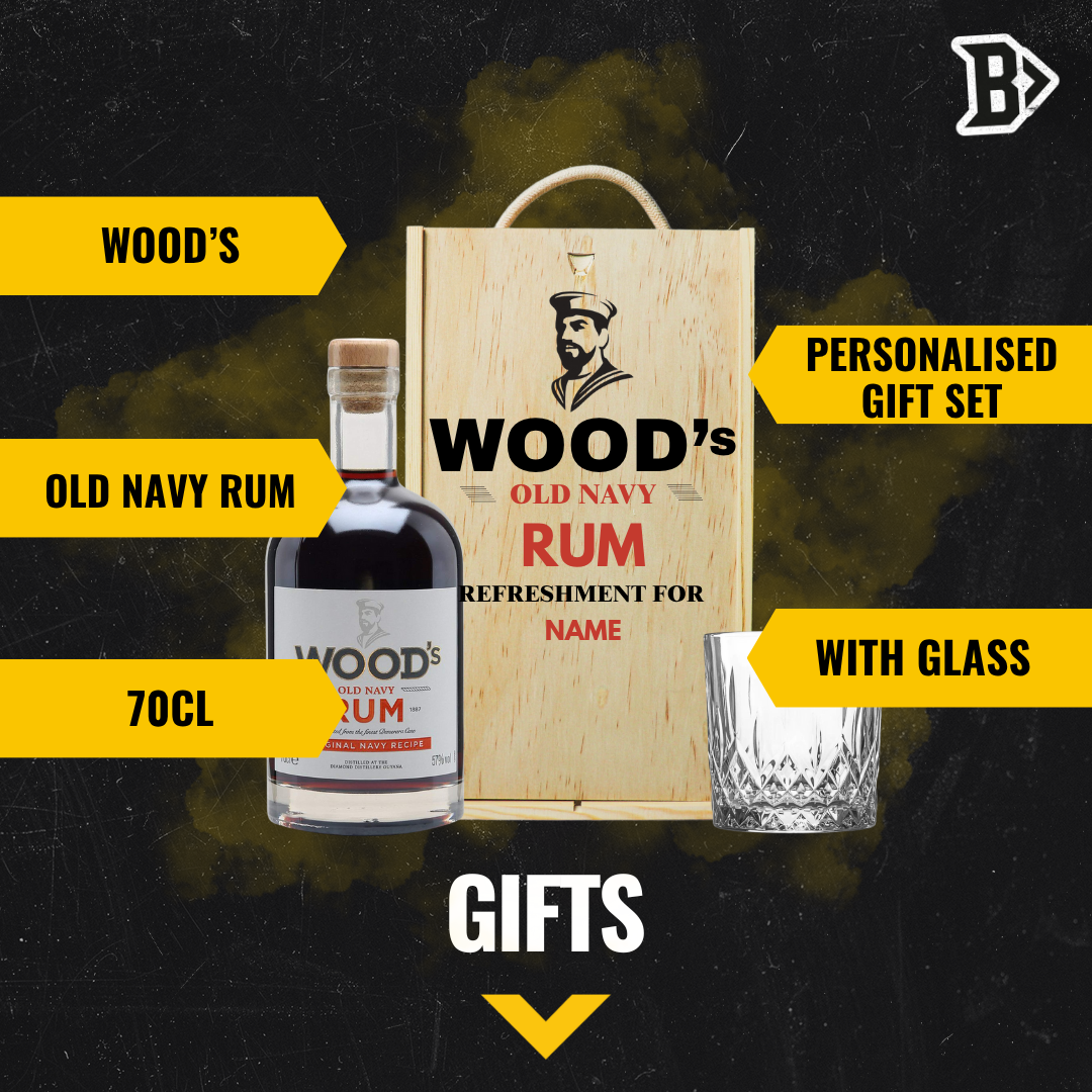 Personalised Woods Old Navy Rum with Glass in Wooden Box Gift Set