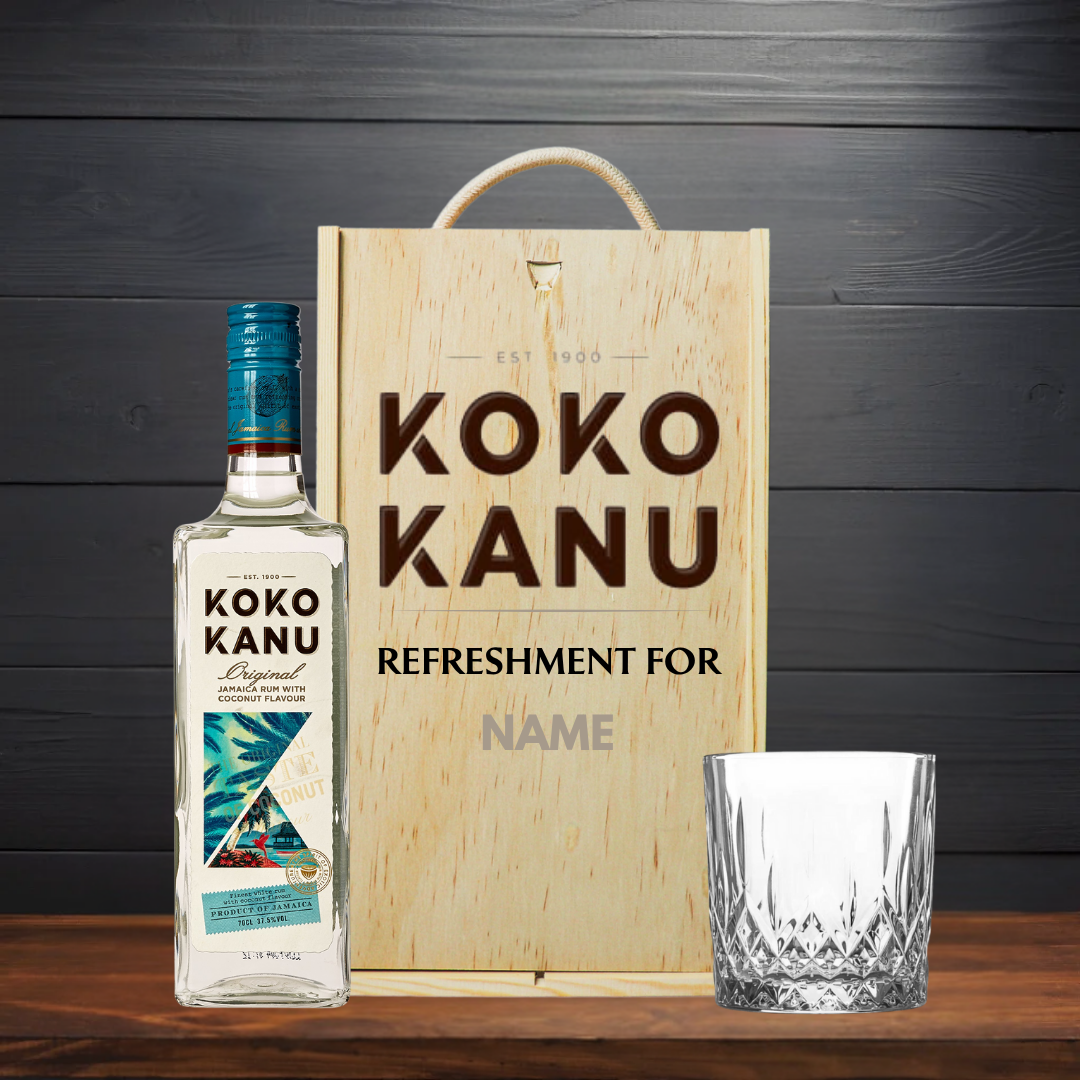 Personalised Koko Kanu Jamaican Coconut Rum with Glass in Wooden Box Gift Set