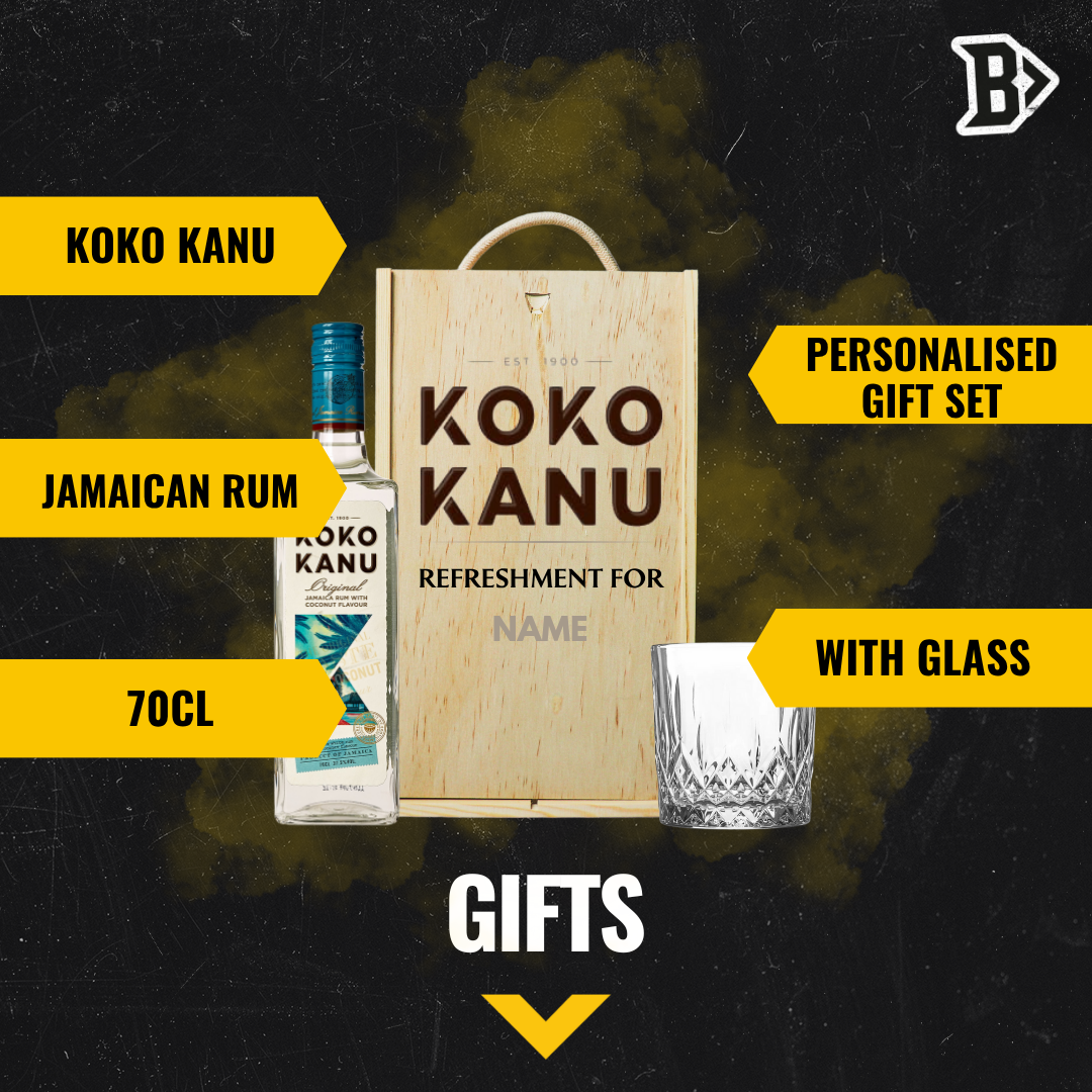 Personalised Koko Kanu Jamaican Coconut Rum with Glass in Wooden Box Gift Set