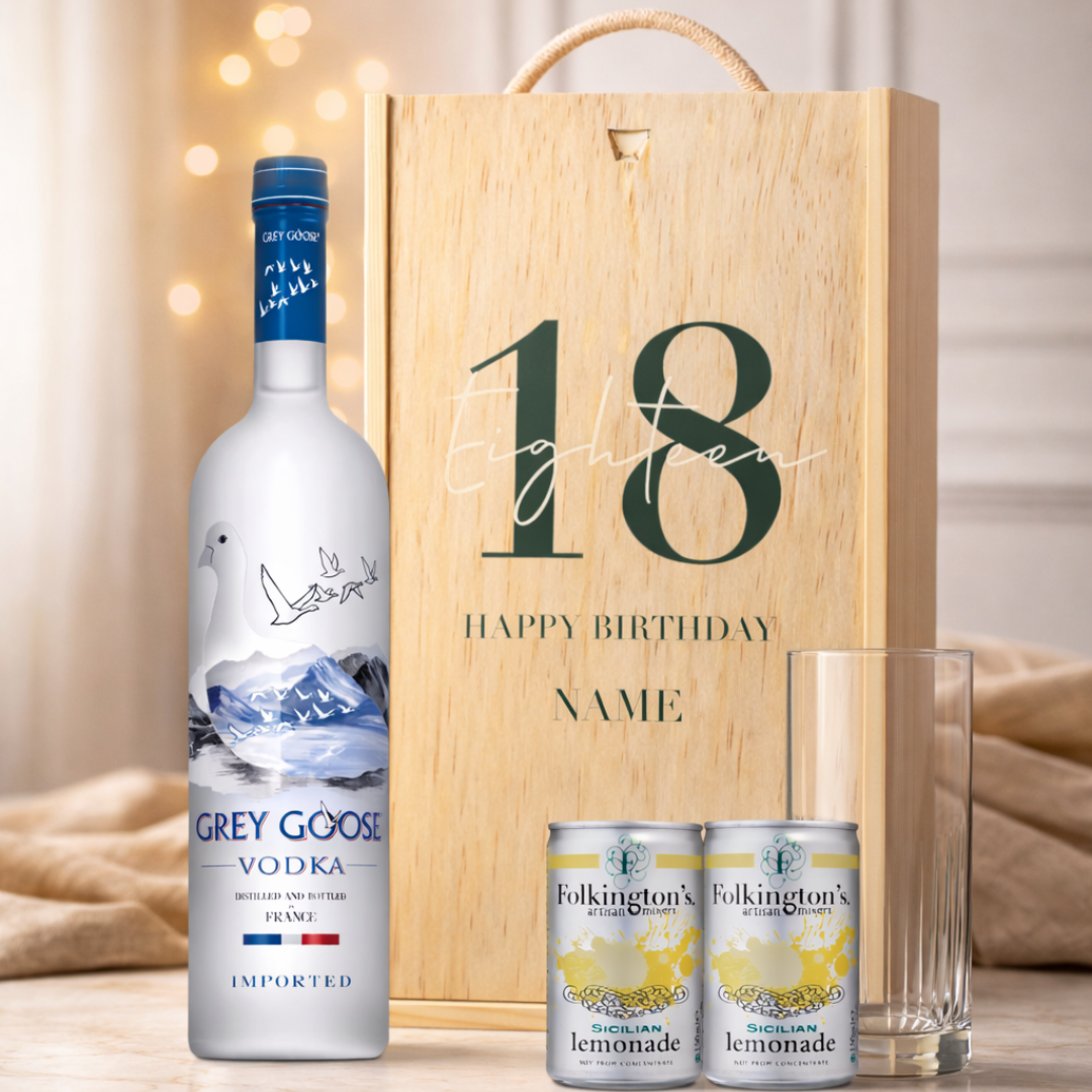 Personalised 18th Birthday Grey Goose Vodka Gift Set With Glass And Lemonades