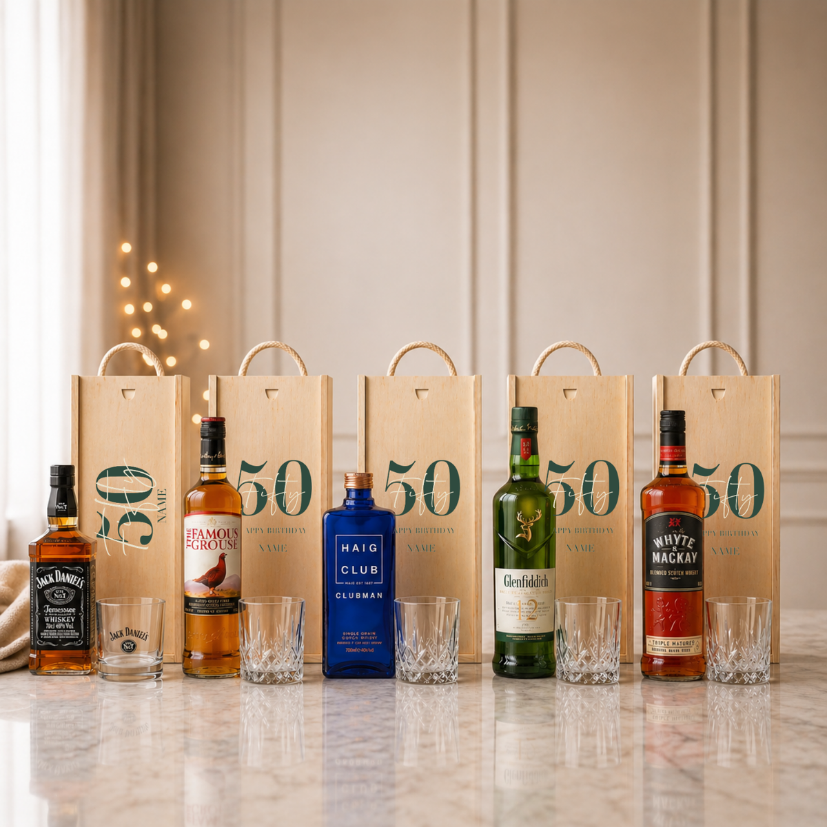Personalised 50th Birthday Whisky Gift Set with Glass &amp; Personalised Lid (Choose JD, Glenfiddich, Haig Club &amp; More) – 70cl