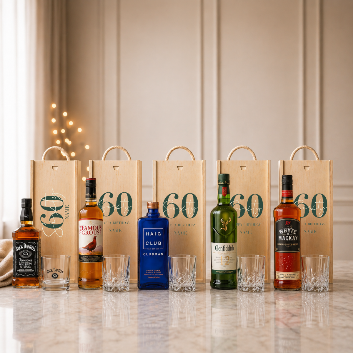 Personalised 60th Birthday Whisky Gift Set with Glass &amp; Personalised Lid (Choose JD, Glenfiddich, Haig Club &amp; More) – 70cl