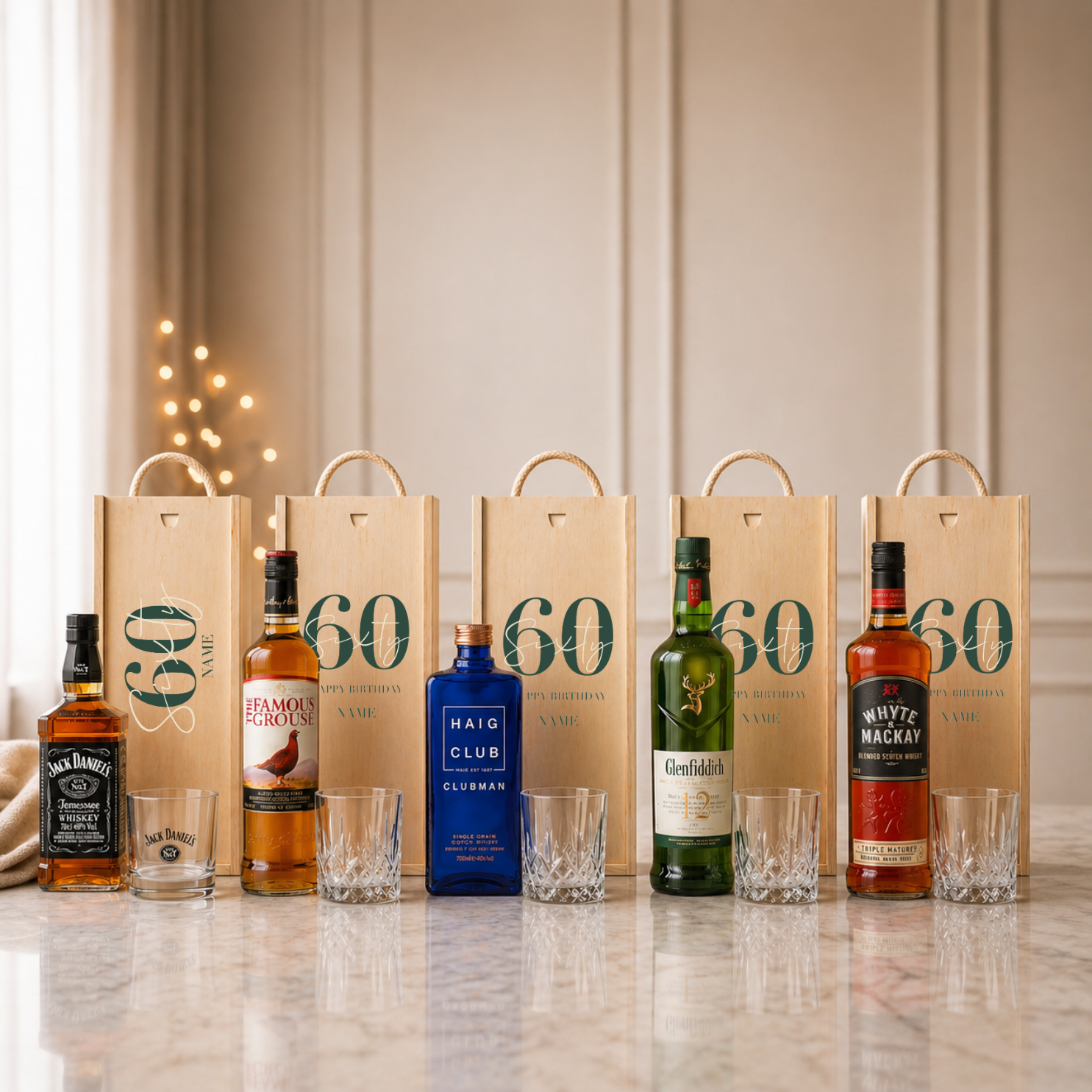 Personalised 60th Birthday Whisky Gift Set with Glass & Personalised Lid (Choose JD, Glenfiddich, Haig Club & More) – 70cl