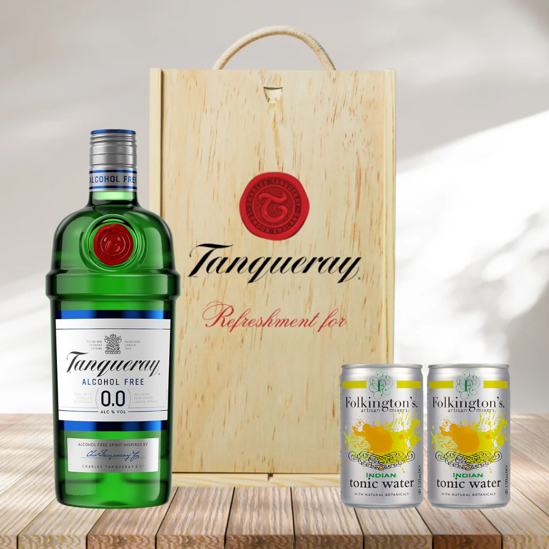 Personalised Tanqueray 0.0 Alcohol-Free Gin & Tonic Gift Set In Wooden Box – 0.0% ABV (70cl)