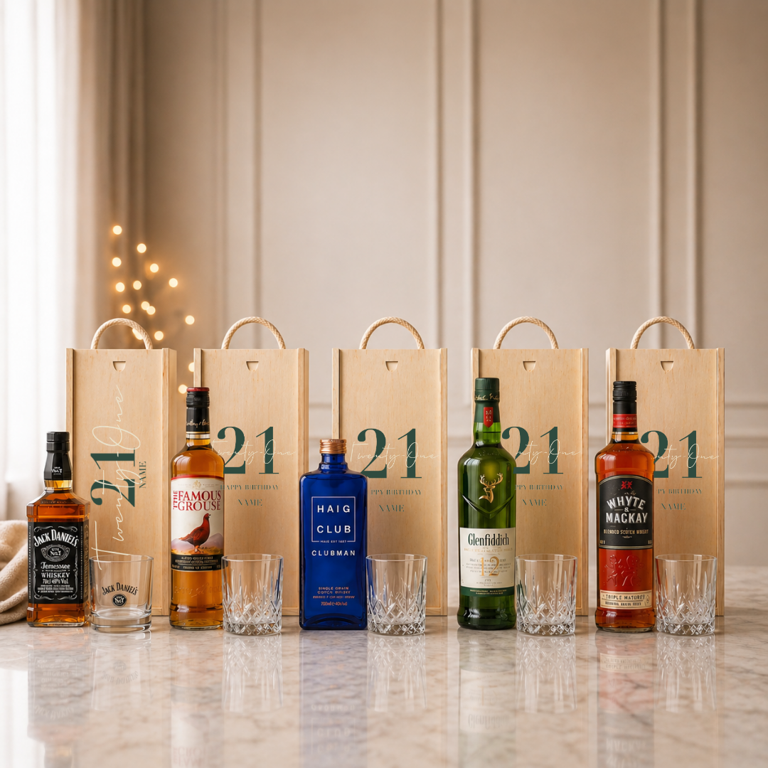 Personalised 21st Birthday Whisky Gift Set with Glass &amp; Personalised Lid (Choose JD, Glenfiddich, Haig Club &amp; More) – 70cl