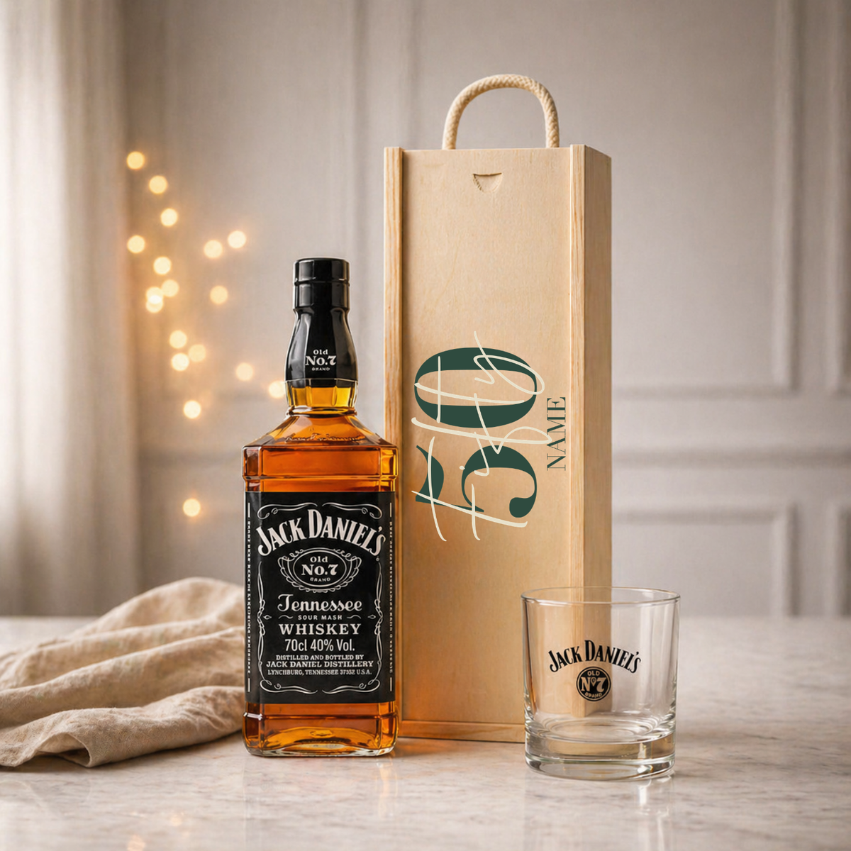 Personalised 50th Birthday Whisky Gift Set with Glass &amp; Personalised Lid (Choose JD, Glenfiddich, Haig Club &amp; More) – 70cl