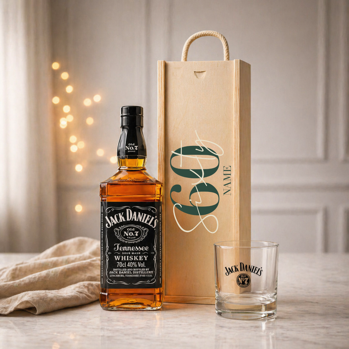 Personalised 60th Birthday Whisky Gift Set with Glass &amp; Personalised Lid (Choose JD, Glenfiddich, Haig Club &amp; More) – 70cl