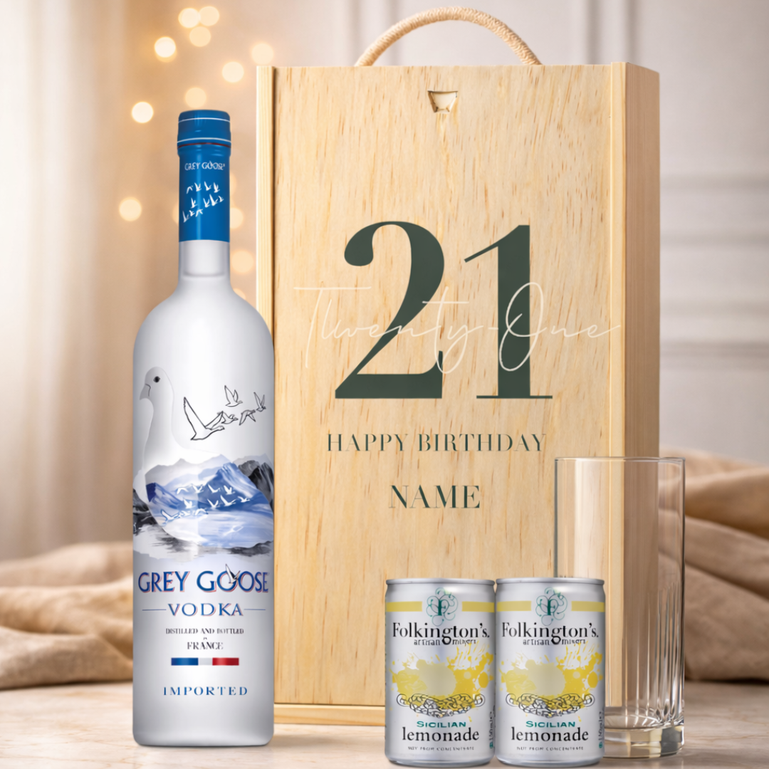 Personalised 21st Birthday Grey Goose Vodka Gift Set With Glass And Lemonades