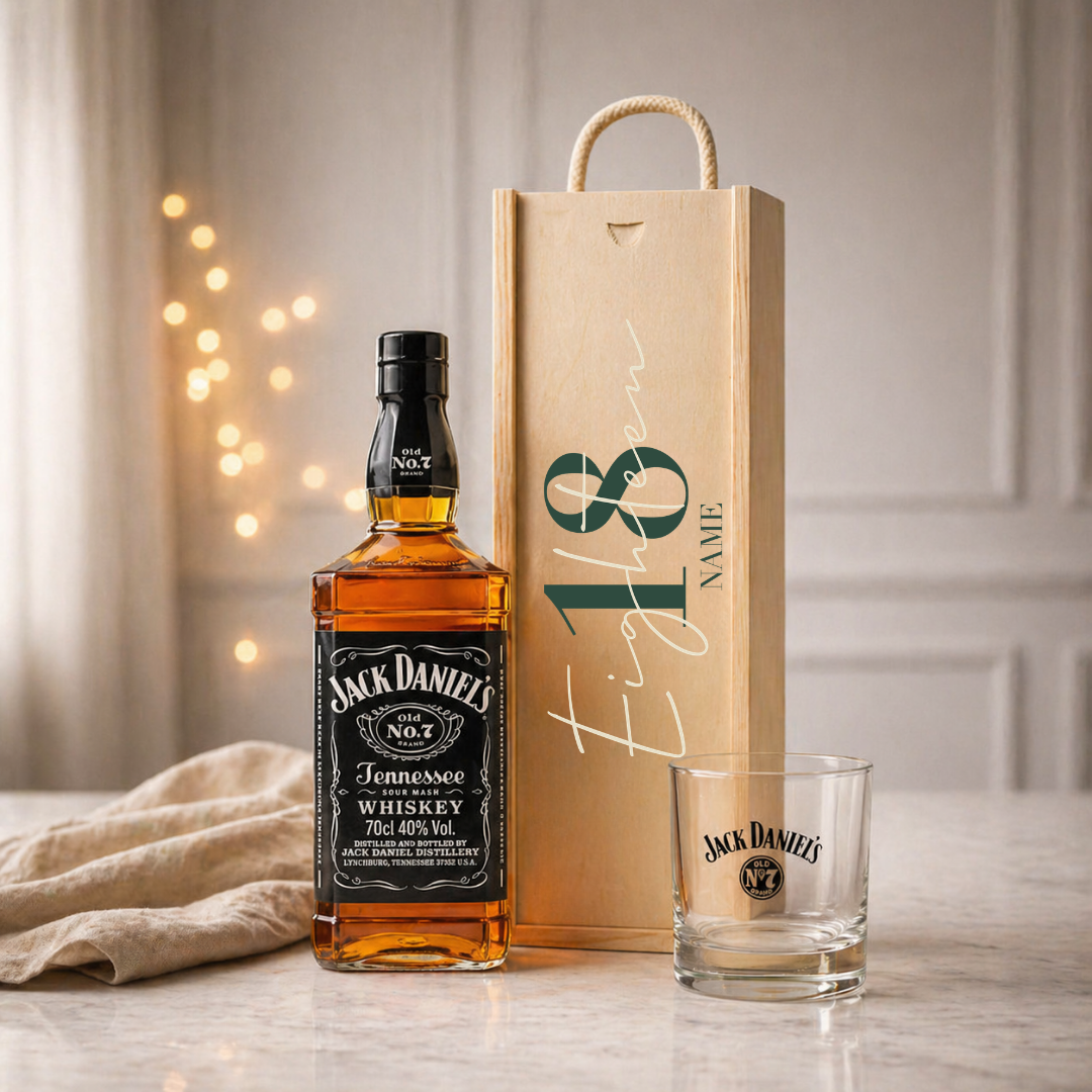 Personalised 18th Birthday Whisky Gift Set with Glass &amp; Personalised Lid (Choose JD, Glenfiddich, Haig Club &amp; More) 70cl