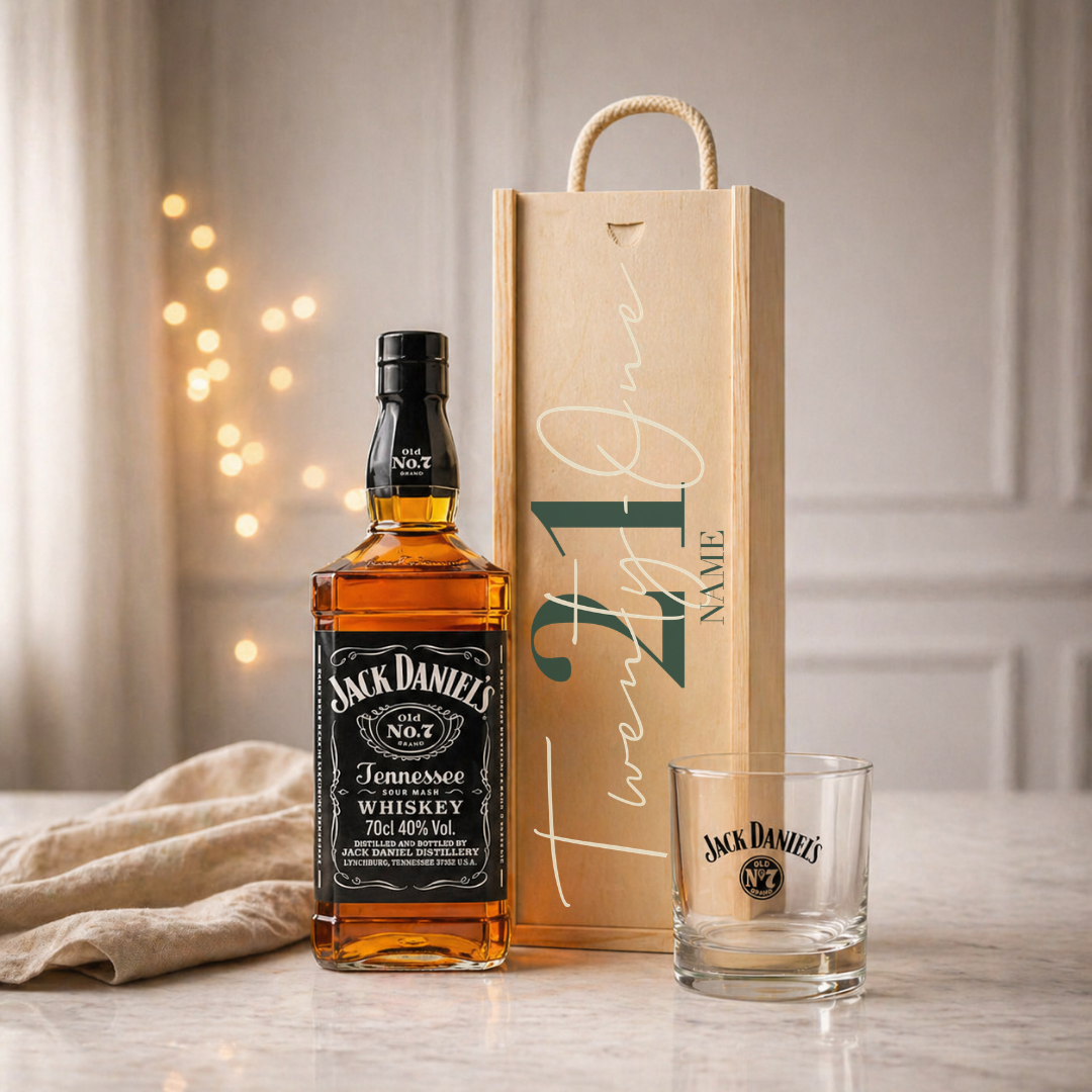 Personalised 21st Birthday Whisky Gift Set with Glass & Personalised Lid (Choose JD, Glenfiddich, Haig Club & More) – 70cl