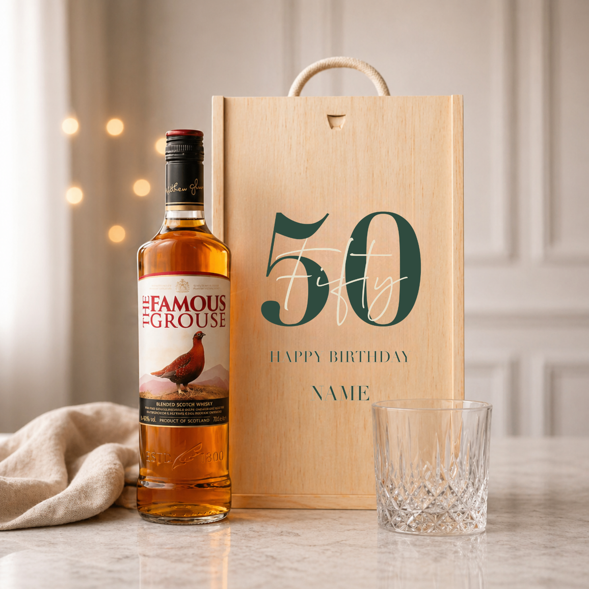 Personalised 50th Birthday Whisky Gift Set with Glass &amp; Personalised Lid (Choose JD, Glenfiddich, Haig Club &amp; More) – 70cl