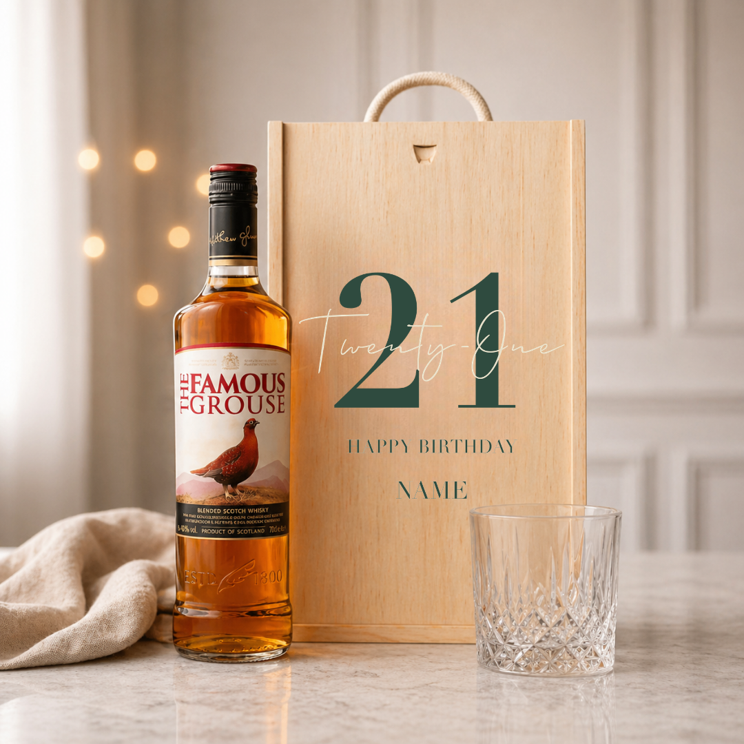 Personalised 21st Birthday Whisky Gift Set with Glass &amp; Personalised Lid (Choose JD, Glenfiddich, Haig Club &amp; More) – 70cl