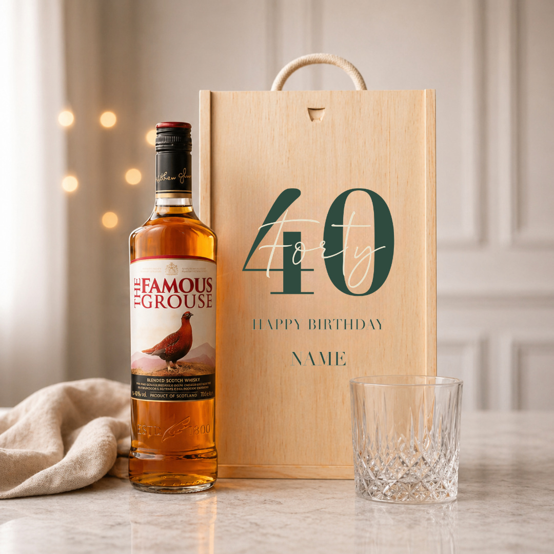 Personalised 40th Birthday Whisky Gift Set with Glass &amp; Personalised Lid (Choose JD, Glenfiddich, Haig Club &amp; More) – 70cl