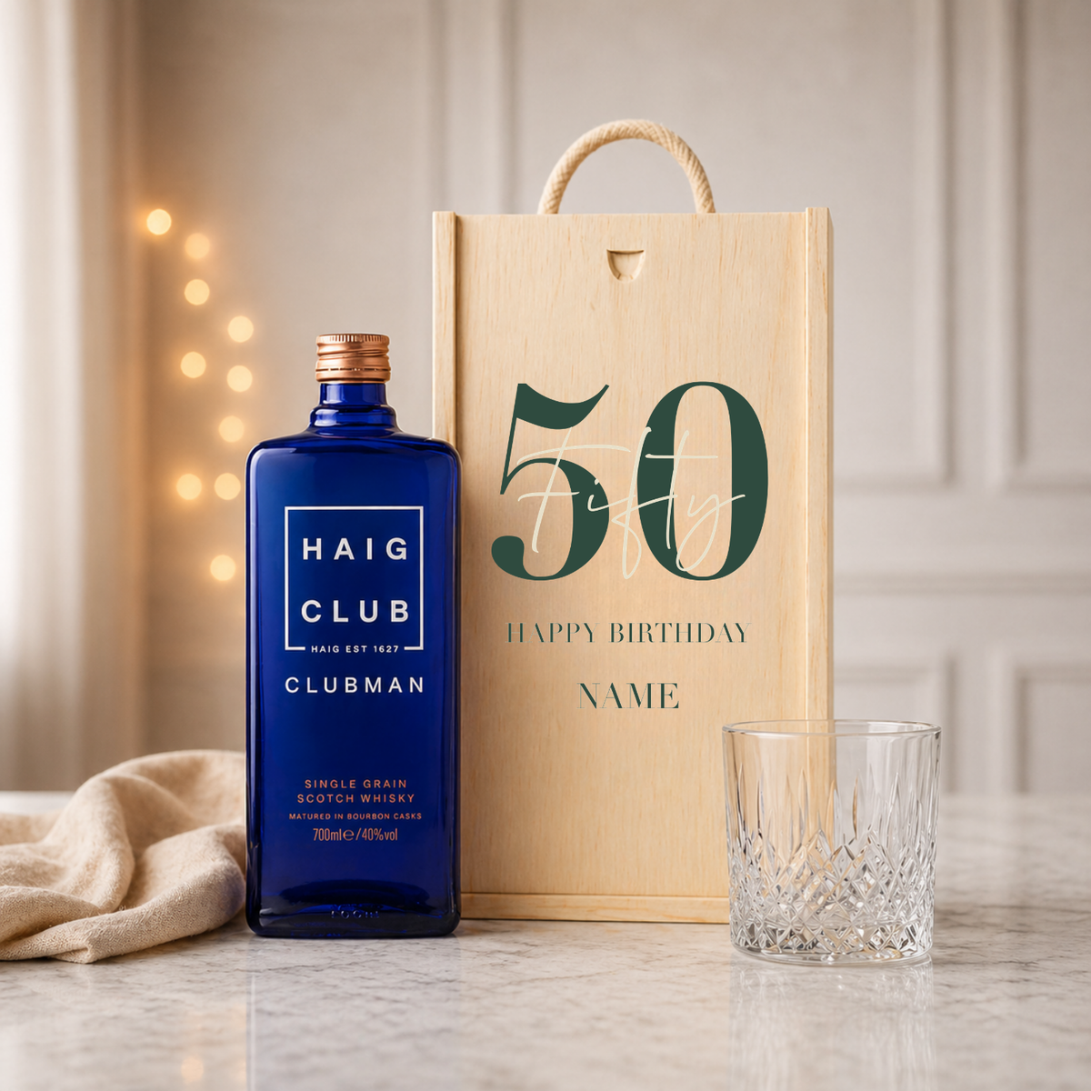 Personalised 50th Birthday Whisky Gift Set with Glass &amp; Personalised Lid (Choose JD, Glenfiddich, Haig Club &amp; More) – 70cl