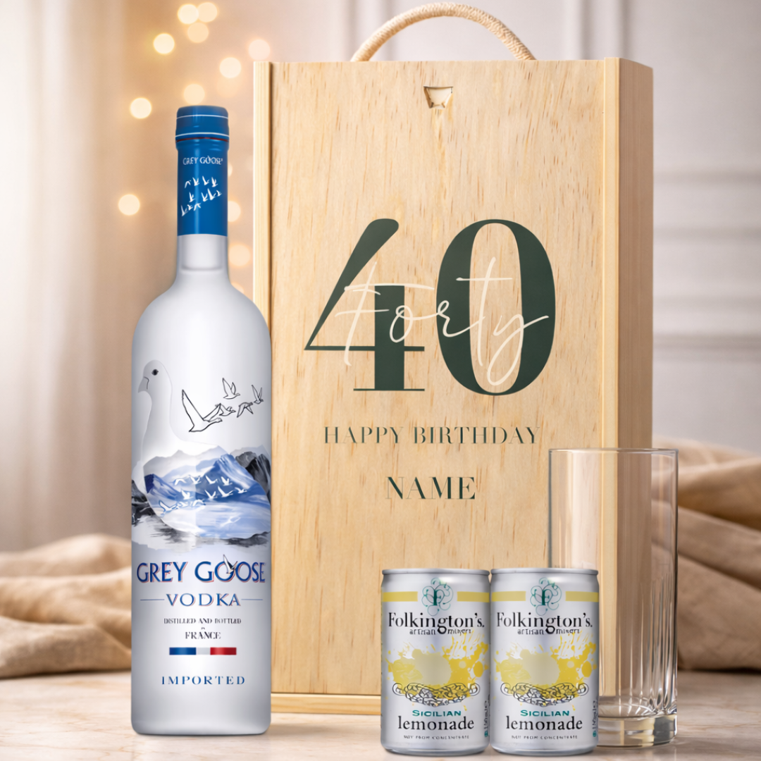 Personalised 40th Birthday Grey Goose Vodka Gift Set With Glass And Lemonades