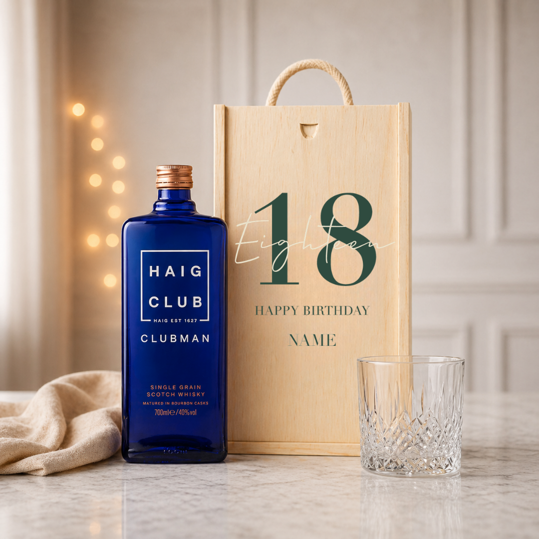 Personalised 18th Birthday Whisky Gift Set with Glass & Personalised Lid (Choose JD, Glenfiddich, Haig Club & More) 70cl