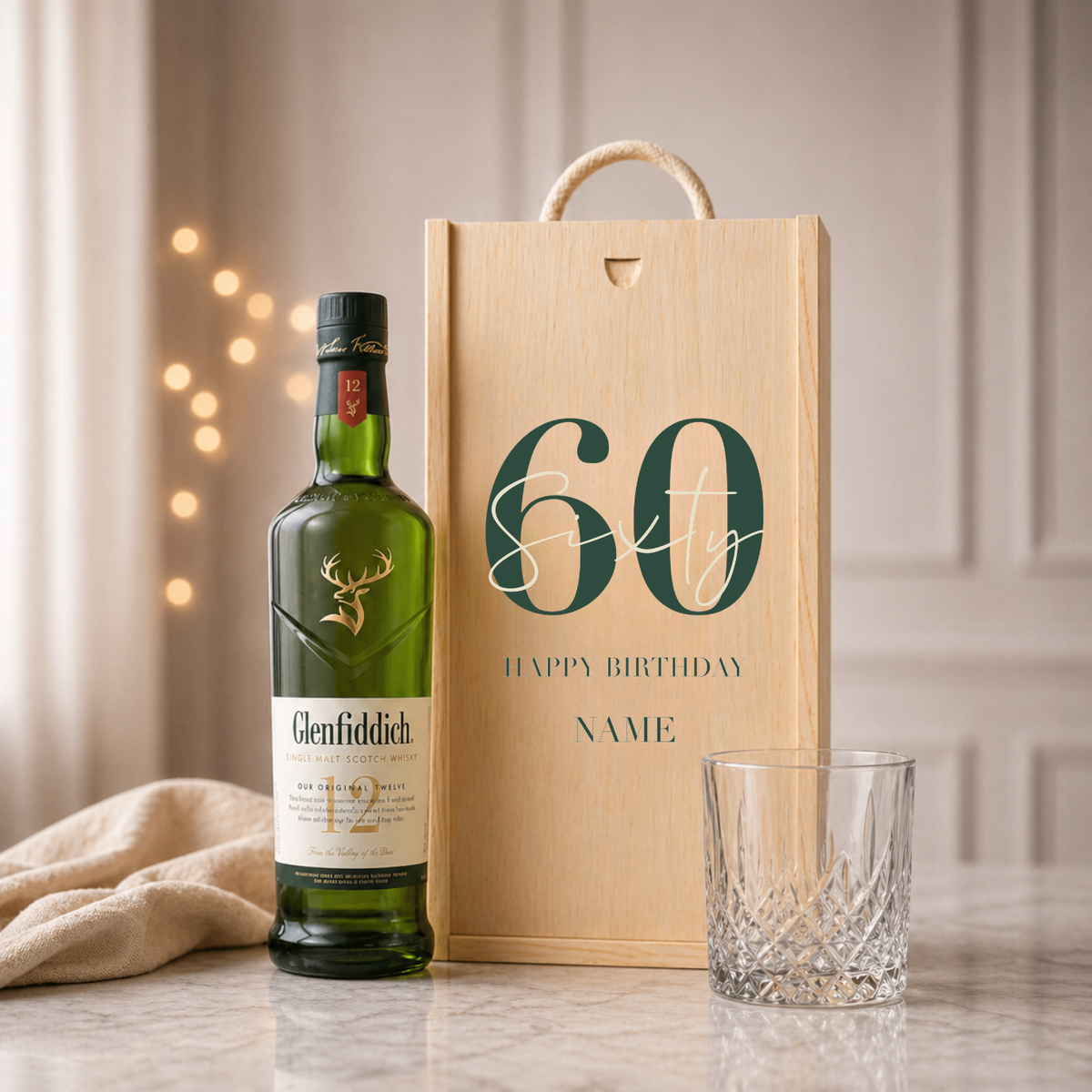 Personalised 60th Birthday Whisky Gift Set with Glass &amp; Personalised Lid (Choose JD, Glenfiddich, Haig Club &amp; More) – 70cl