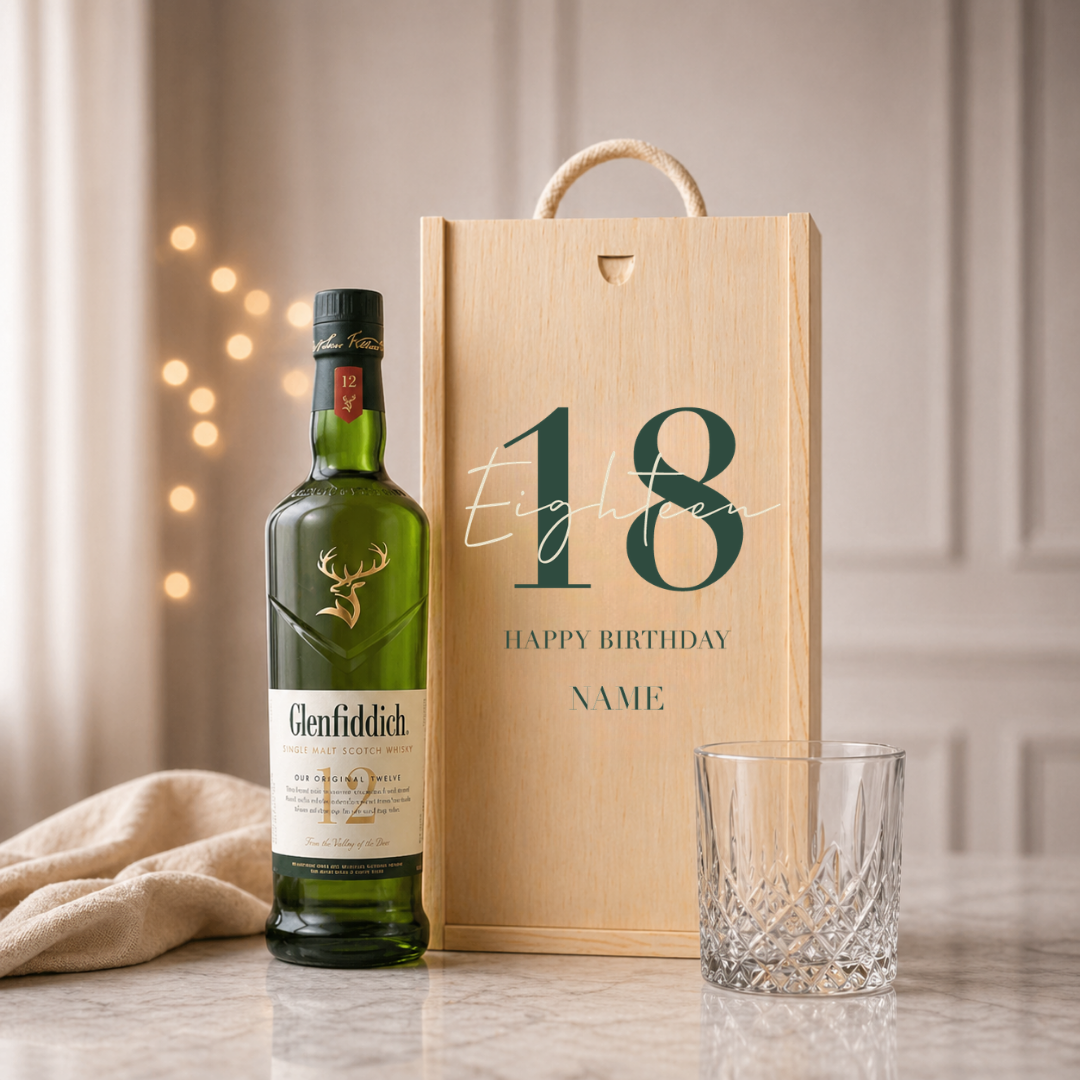 Personalised 18th Birthday Whisky Gift Set with Glass & Personalised Lid (Choose JD, Glenfiddich, Haig Club & More) 70cl