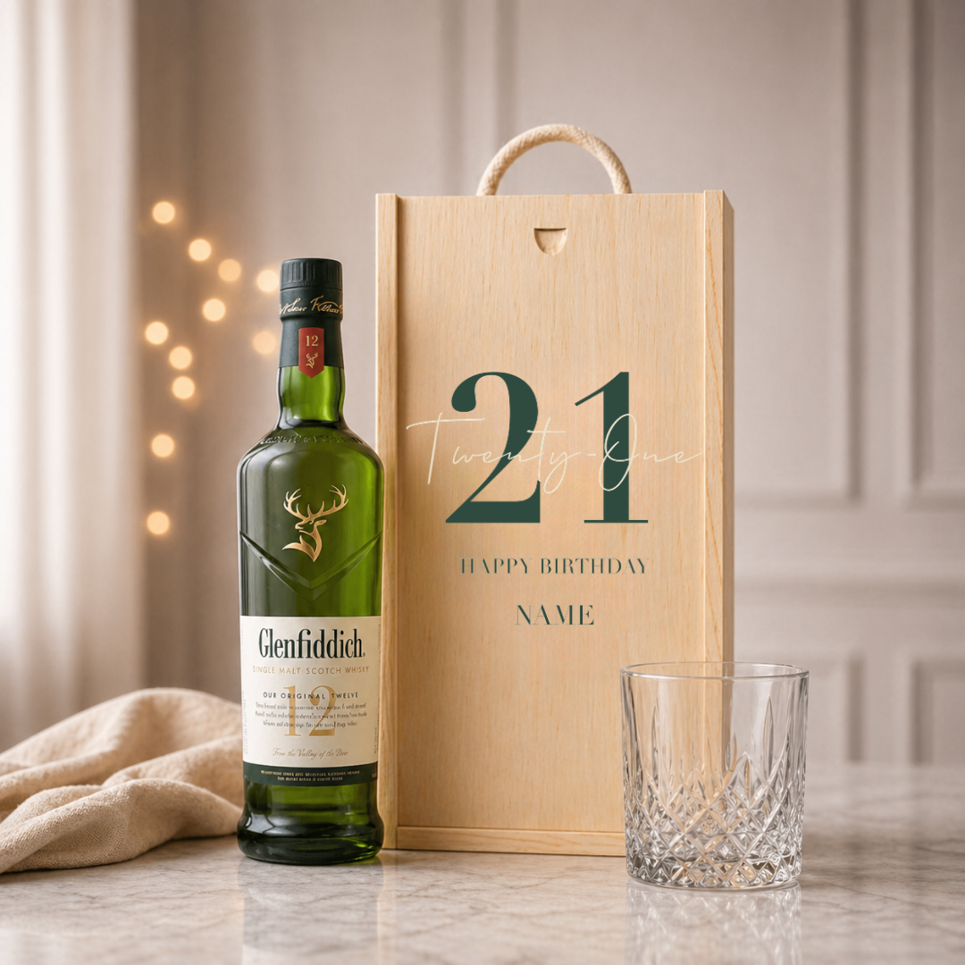 Personalised 21st Birthday Whisky Gift Set with Glass & Personalised Lid (Choose JD, Glenfiddich, Haig Club & More) – 70cl