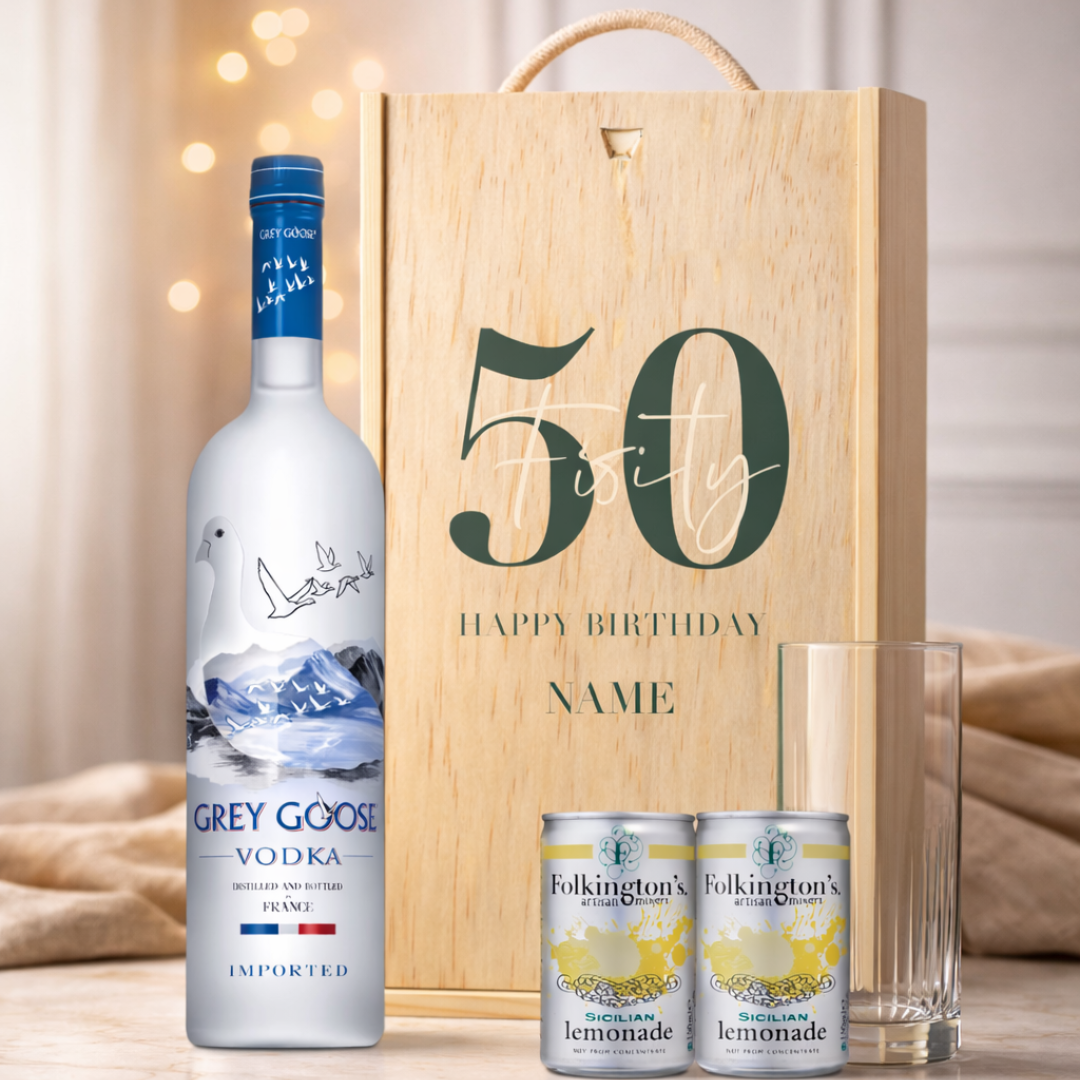 Personalised 50th Birthday Grey Goose Vodka Gift Set With Glass And Lemonades