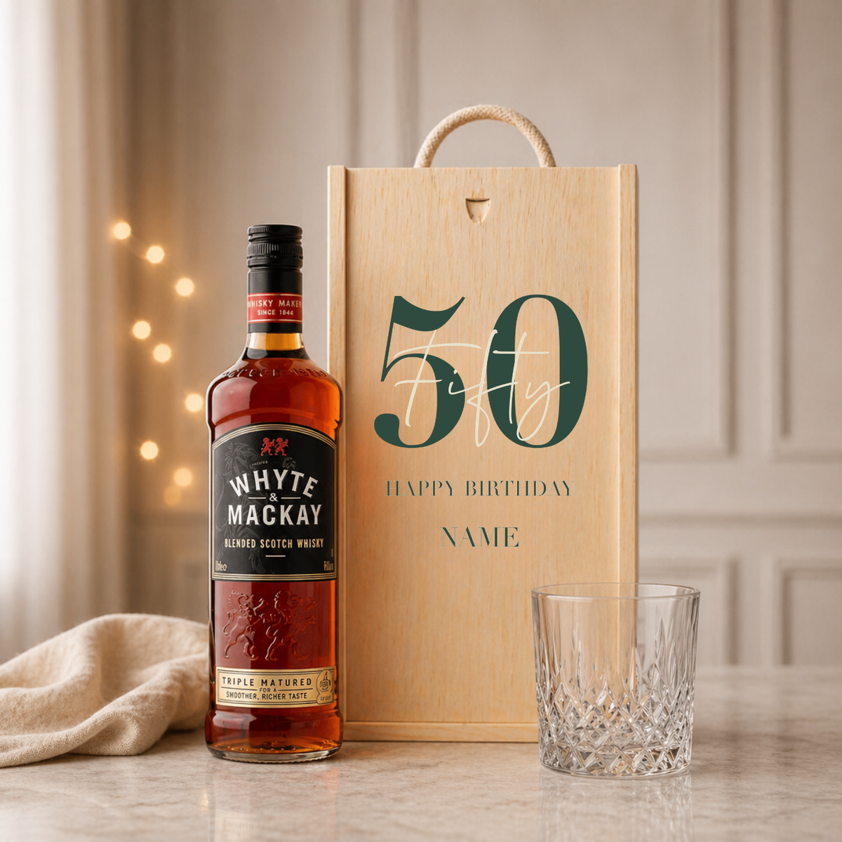 Personalised 50th Birthday Whisky Gift Set with Glass &amp; Personalised Lid (Choose JD, Glenfiddich, Haig Club &amp; More) – 70cl