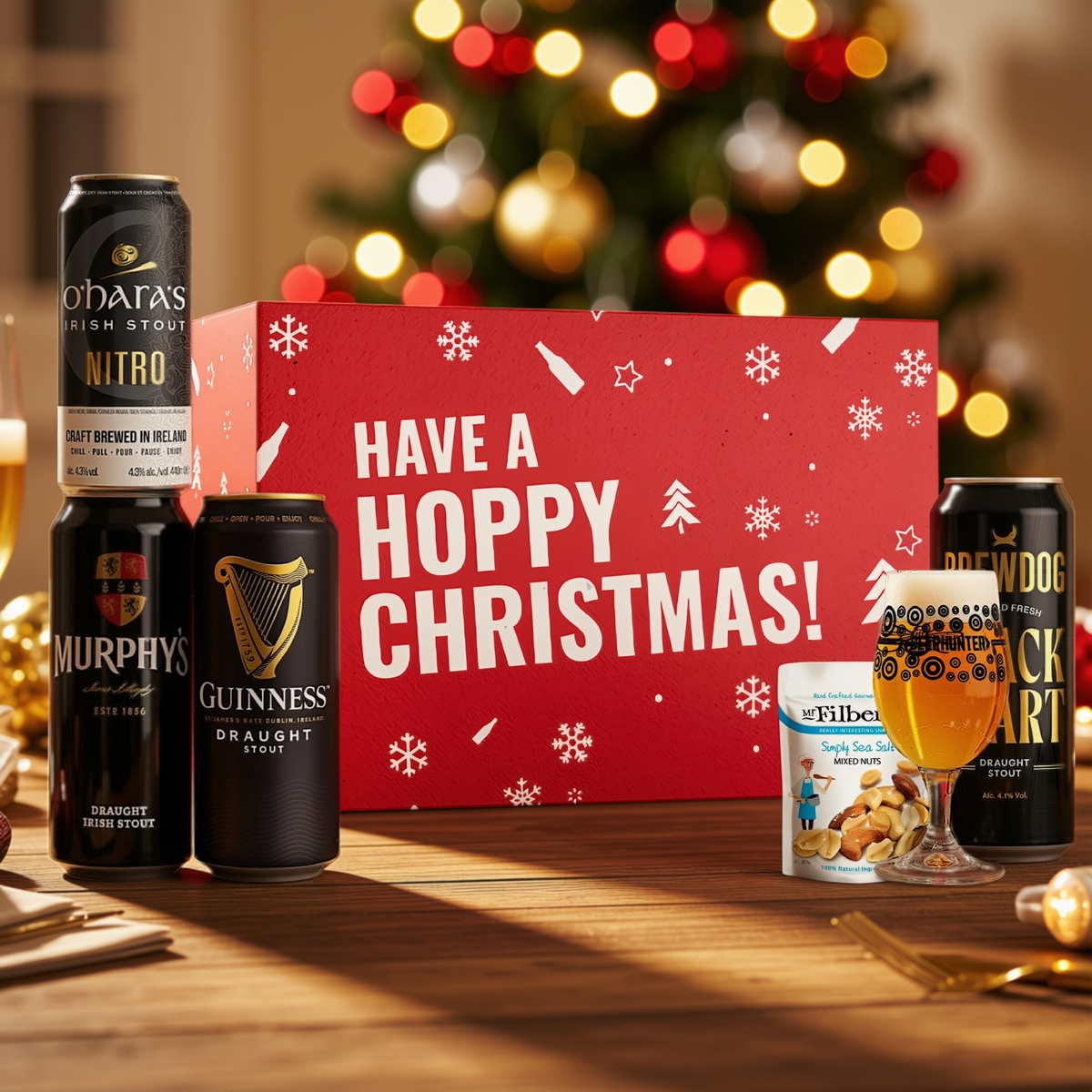 Hoppy Christmas Stout Beer Gift Set with Beerhunter Glass &amp; Mr Filbert’s Snacks – 4 Cans